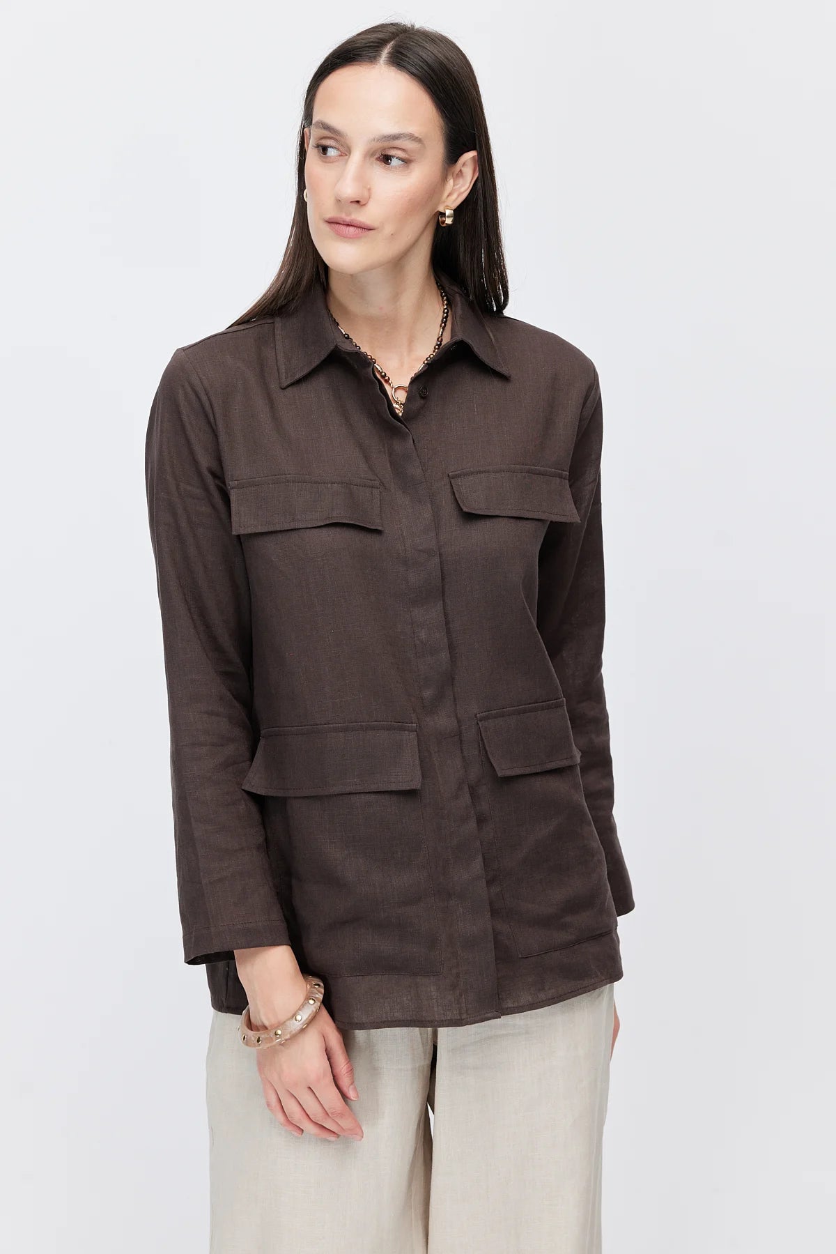 Women's Four-Pocket Linen Blend Shirt