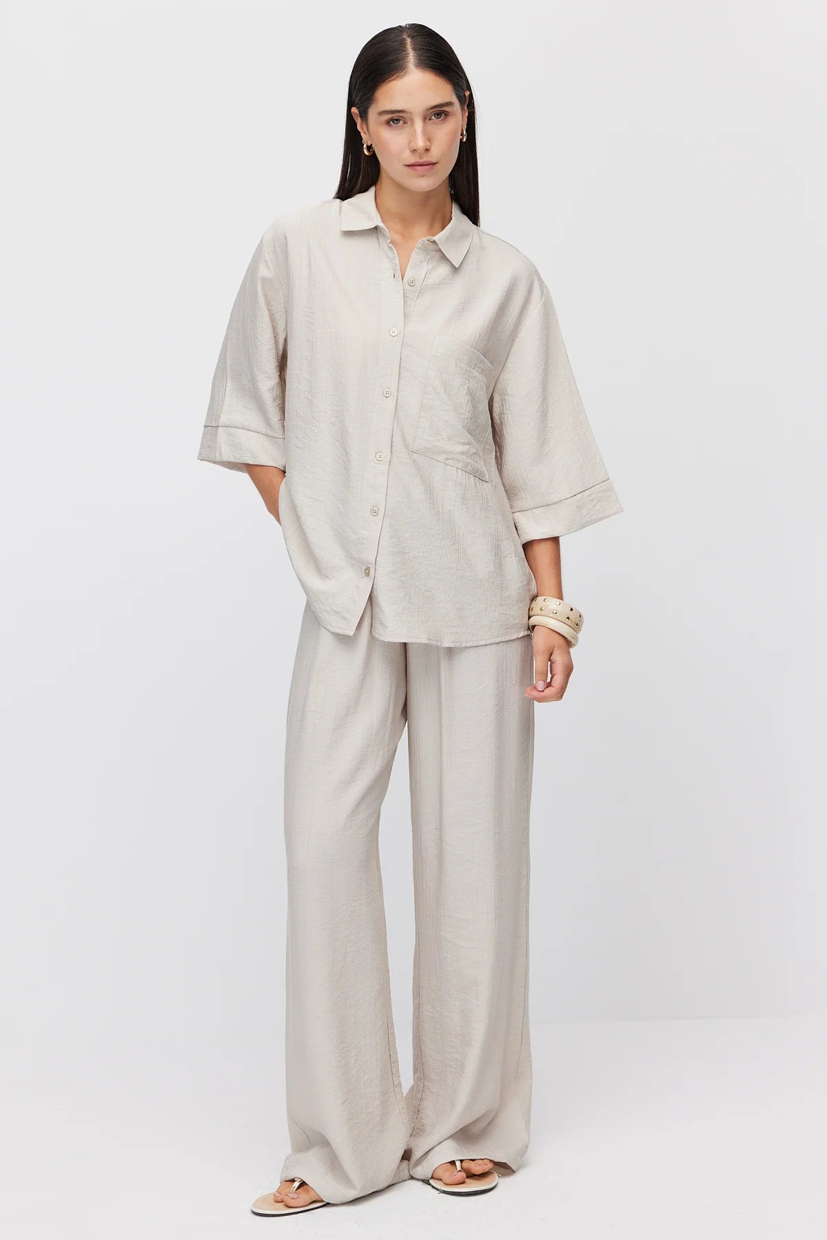 Women's Oversize Textured Double Sleeve Shirt