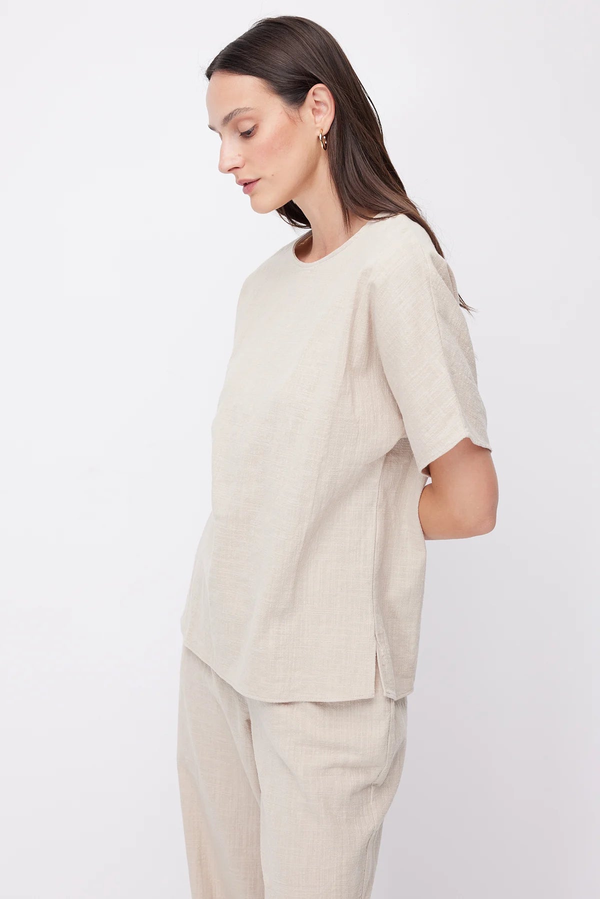 Women's Crew Neck Dropped Shoulder Short Sleeve Linen Blouse