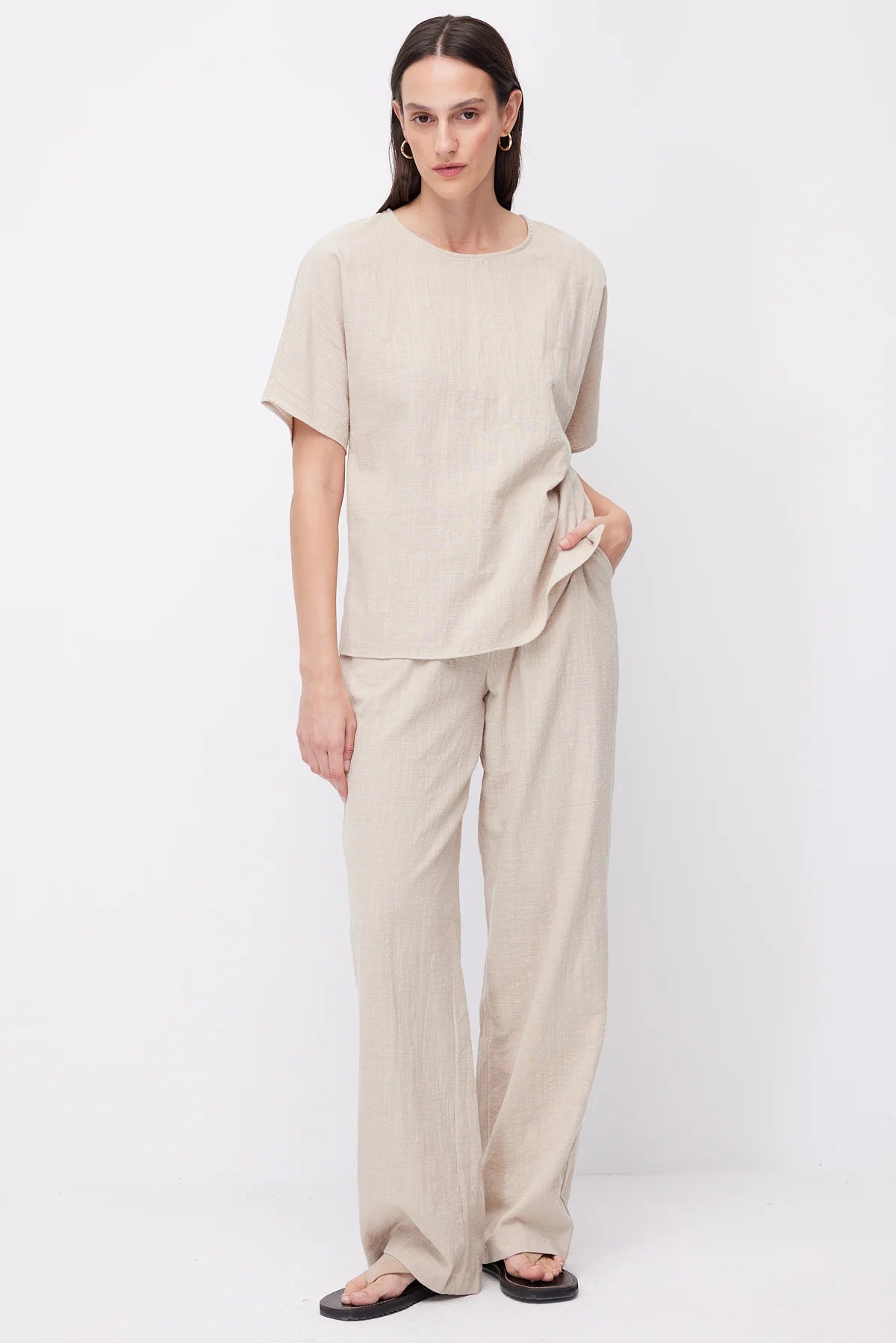 Women's Crew Neck Dropped Shoulder Short Sleeve Linen Blouse