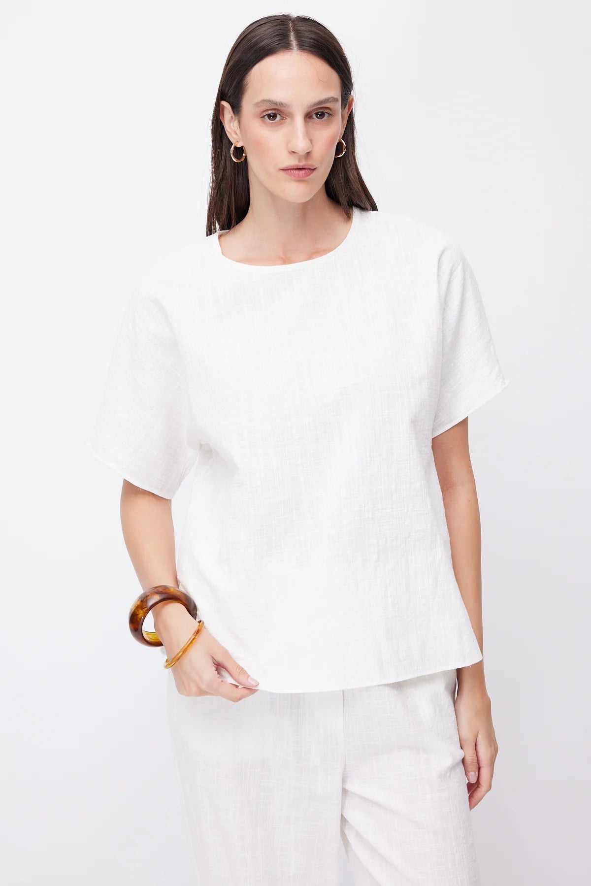 Women's Crew Neck Dropped Shoulder Short Sleeve Linen Blouse