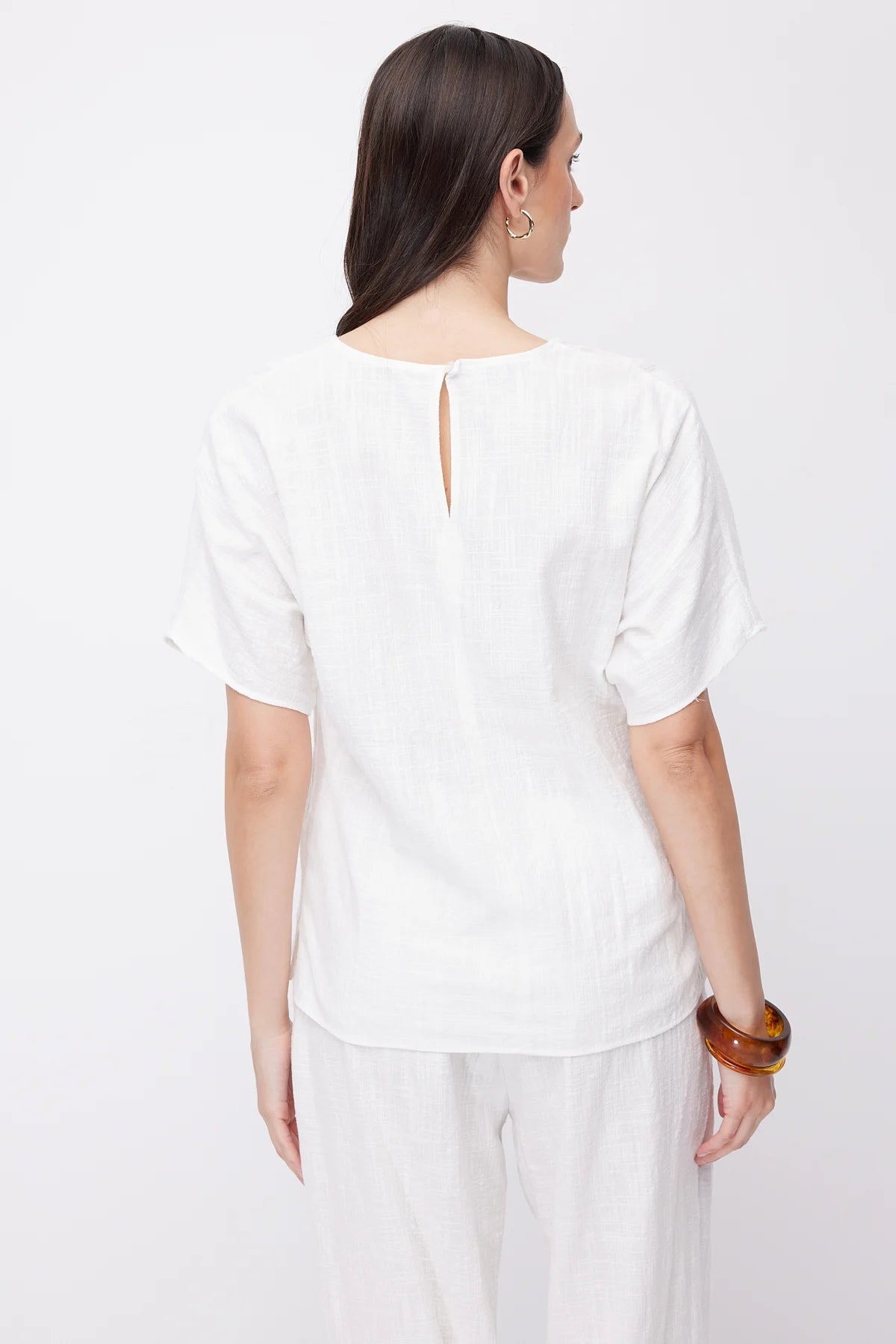 Women's Crew Neck Dropped Shoulder Short Sleeve Linen Blouse