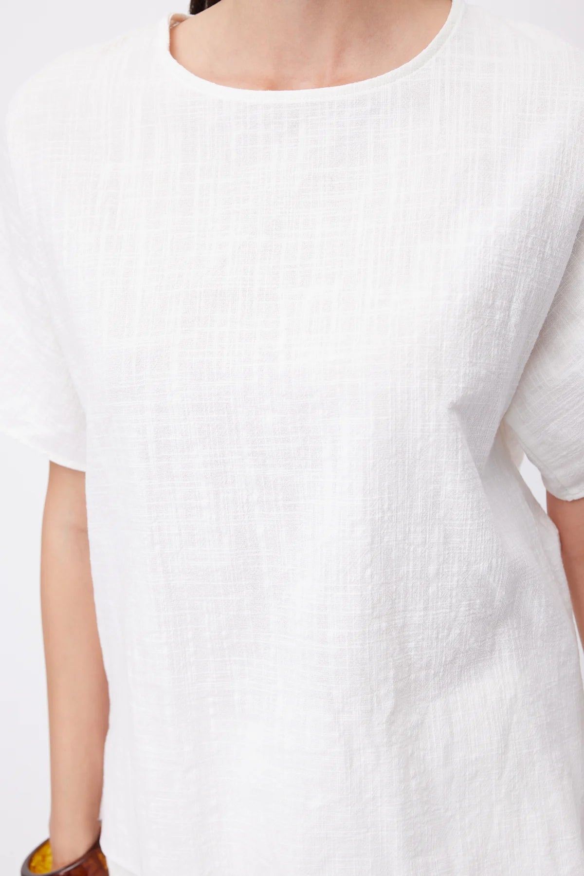 Women's Crew Neck Dropped Shoulder Short Sleeve Linen Blouse
