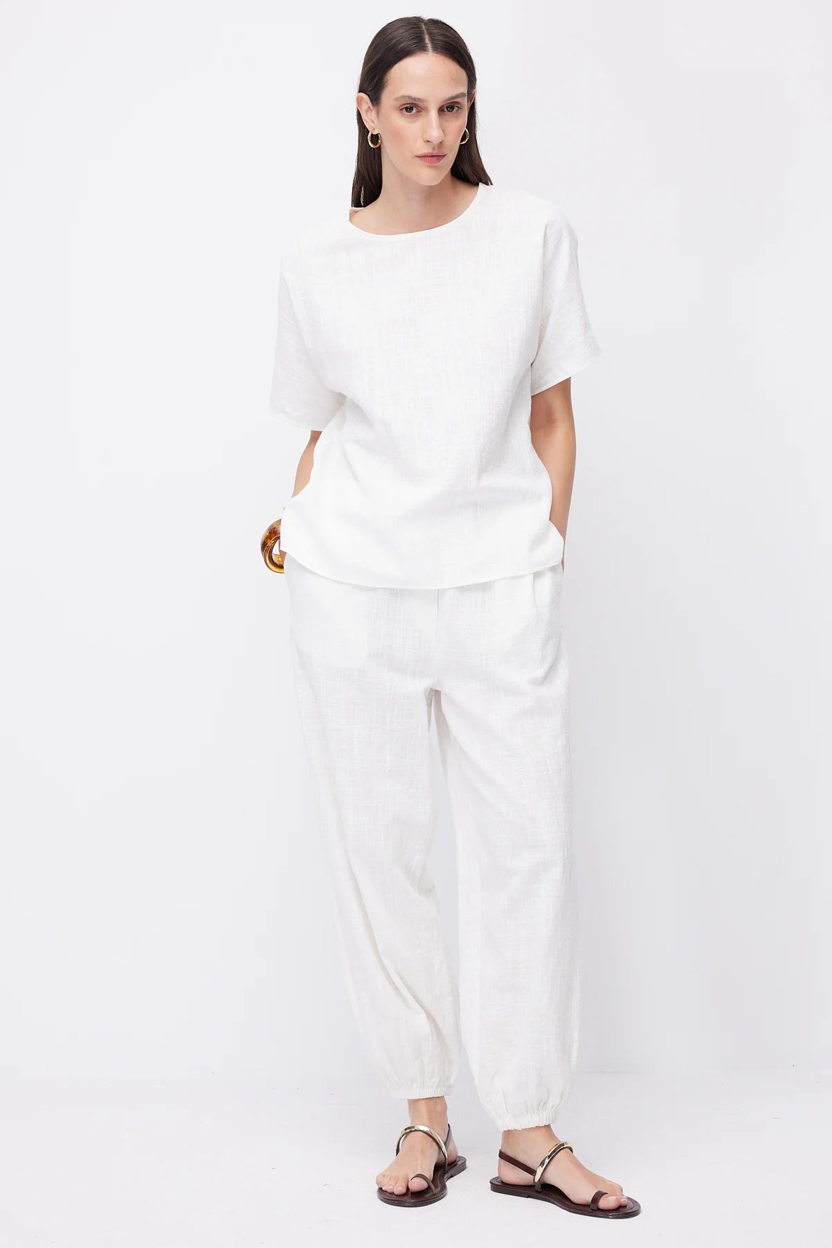 Women's Crew Neck Dropped Shoulder Short Sleeve Linen Blouse