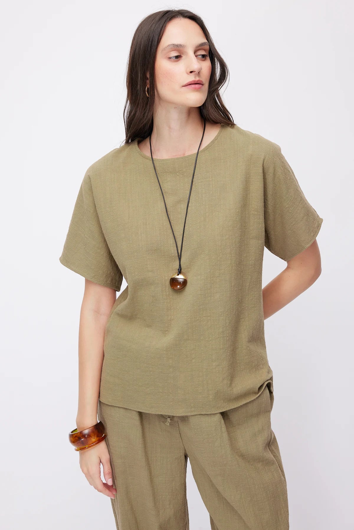 Women's Crew Neck Dropped Shoulder Short Sleeve Linen Blouse