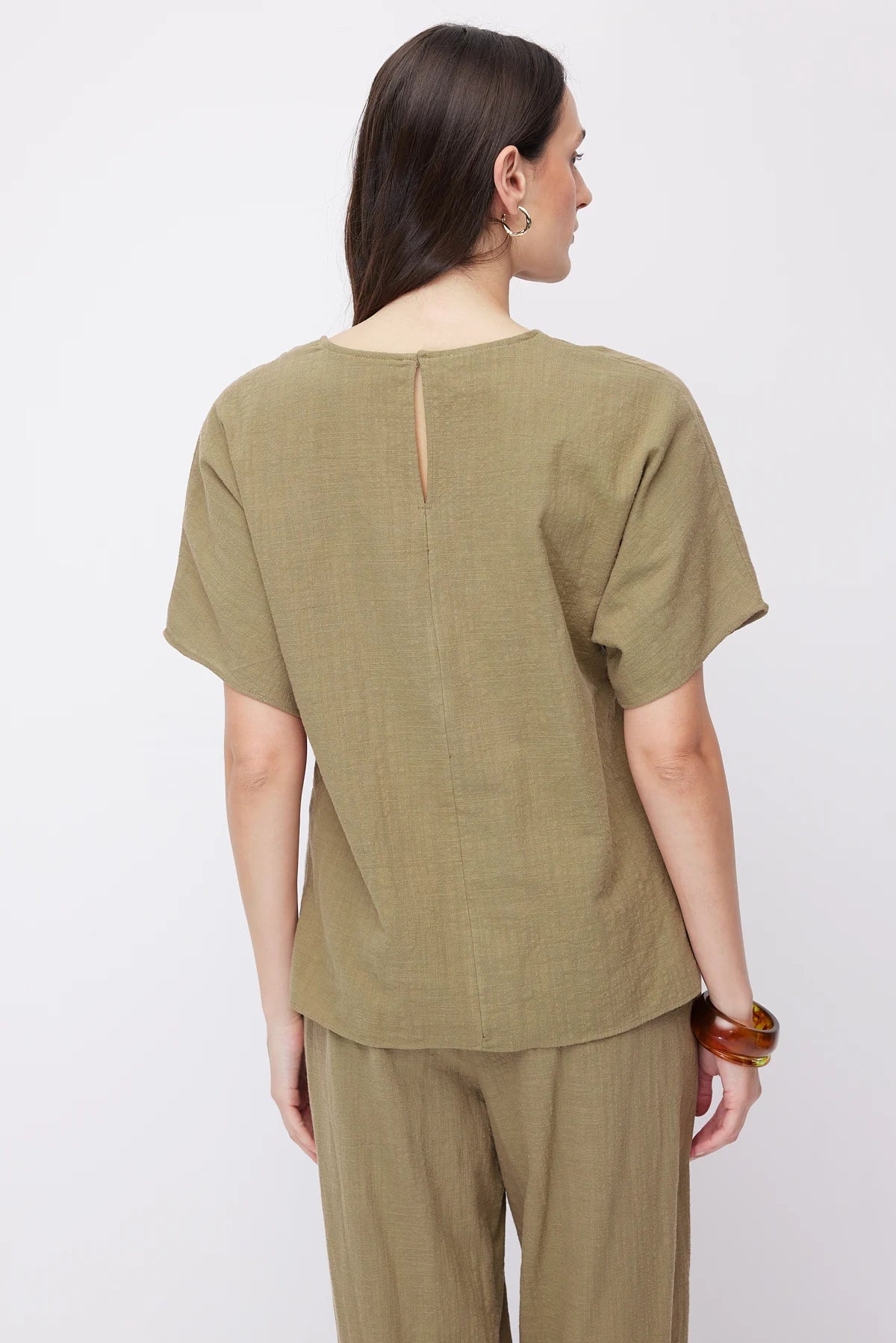 Women's Crew Neck Dropped Shoulder Short Sleeve Linen Blouse