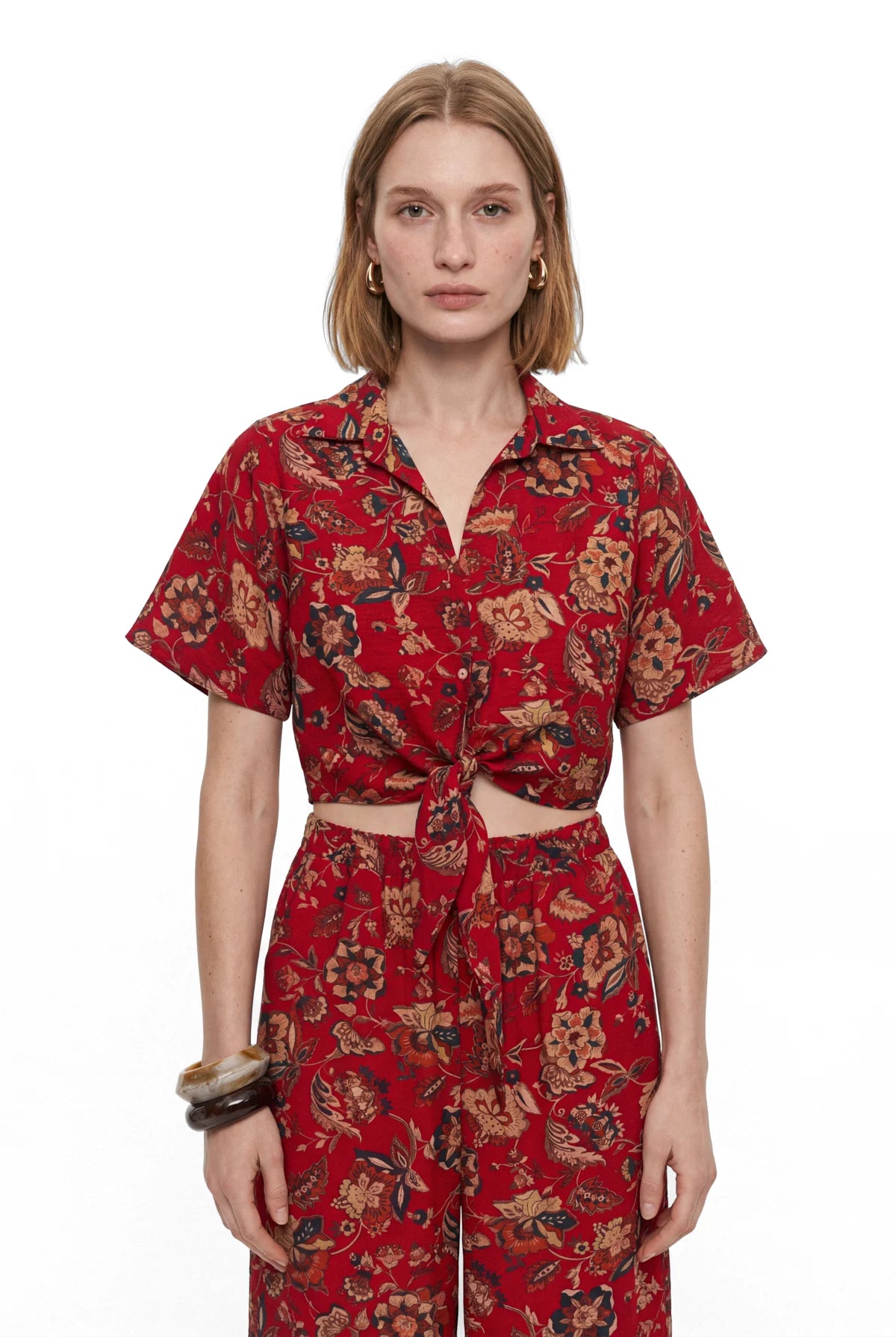 Women's Floral Patterned Tie-Front Blouse