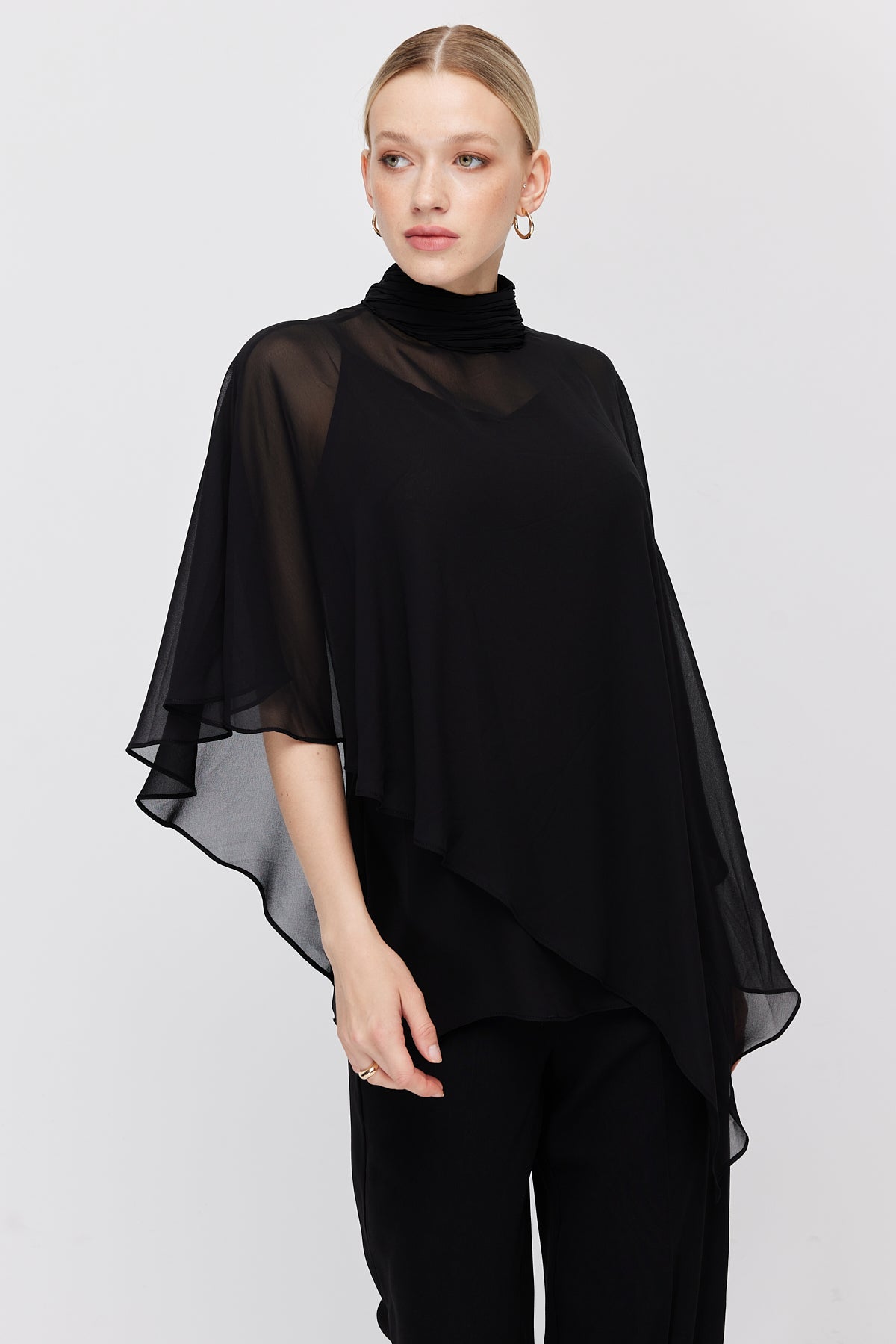 Women's Chiffon Cape Detail High Neck Blouse