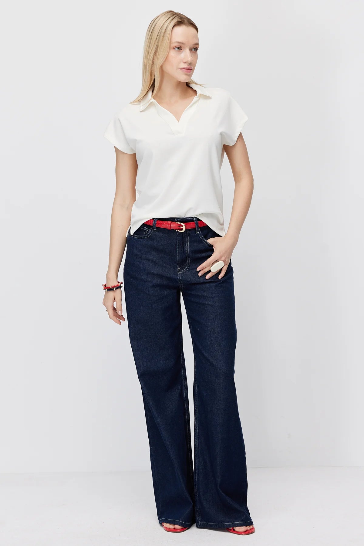 Women's Polo Collar V-Neck Short-Sleeve Blouse