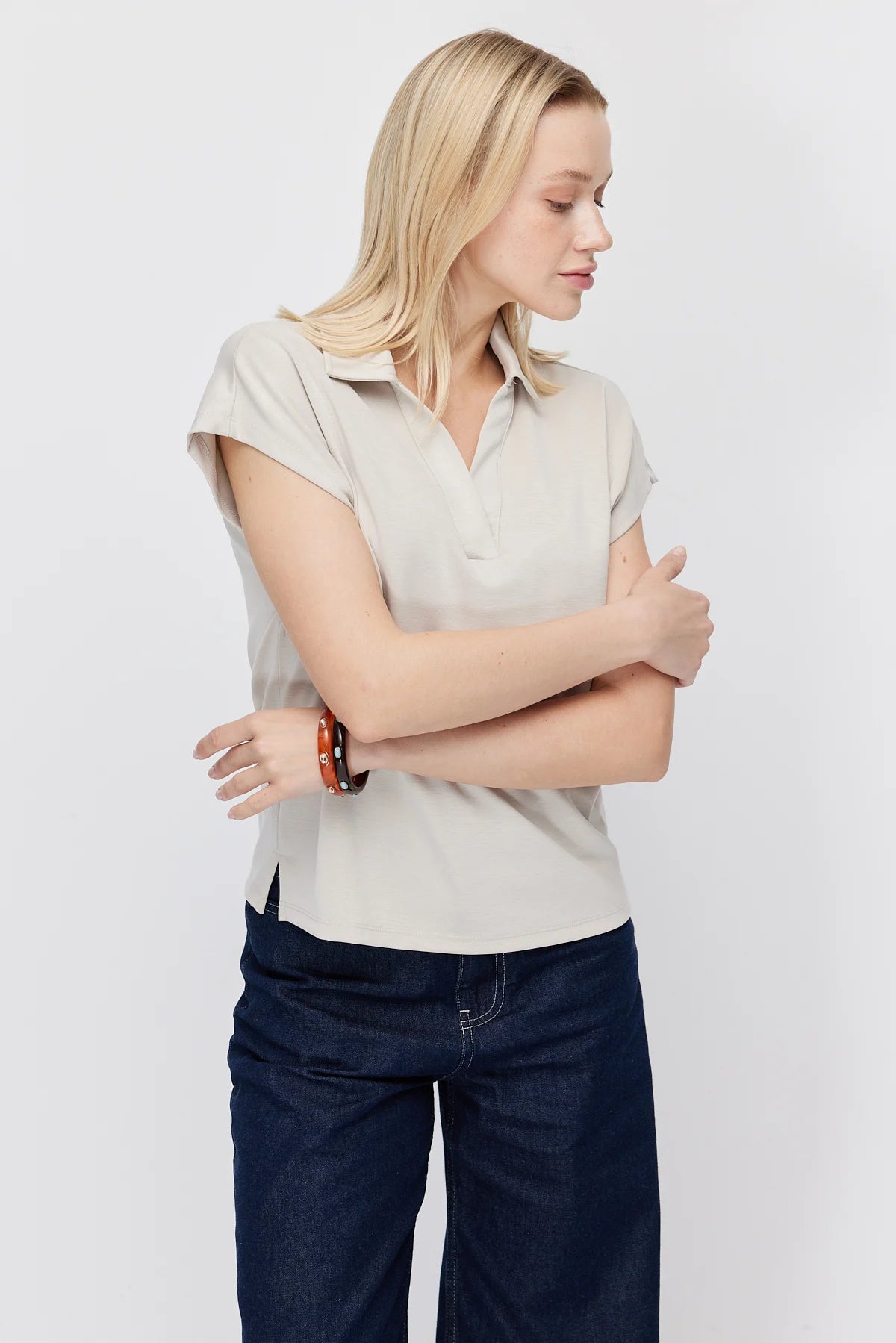 Women's Polo Collar V-Neck Short-Sleeve Blouse