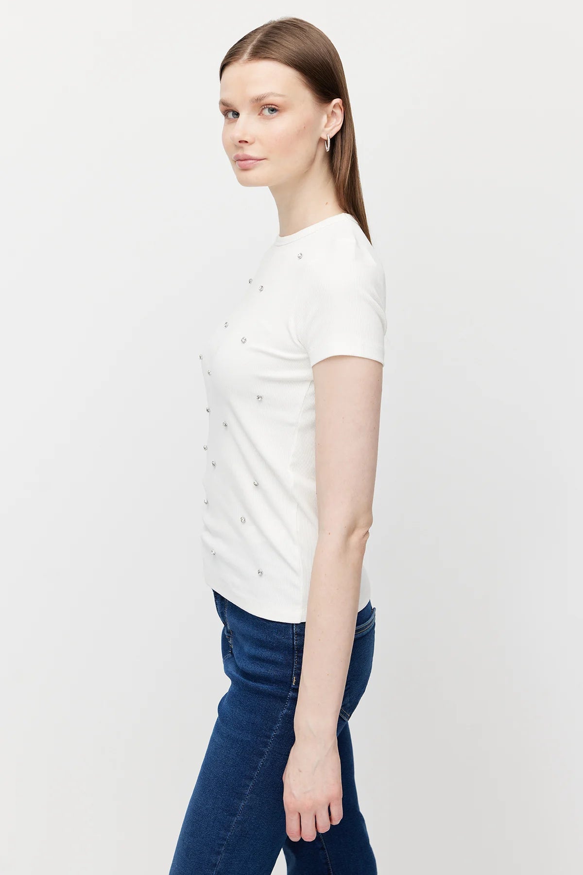 Women's Crew Neck Blouse with Rhinestones