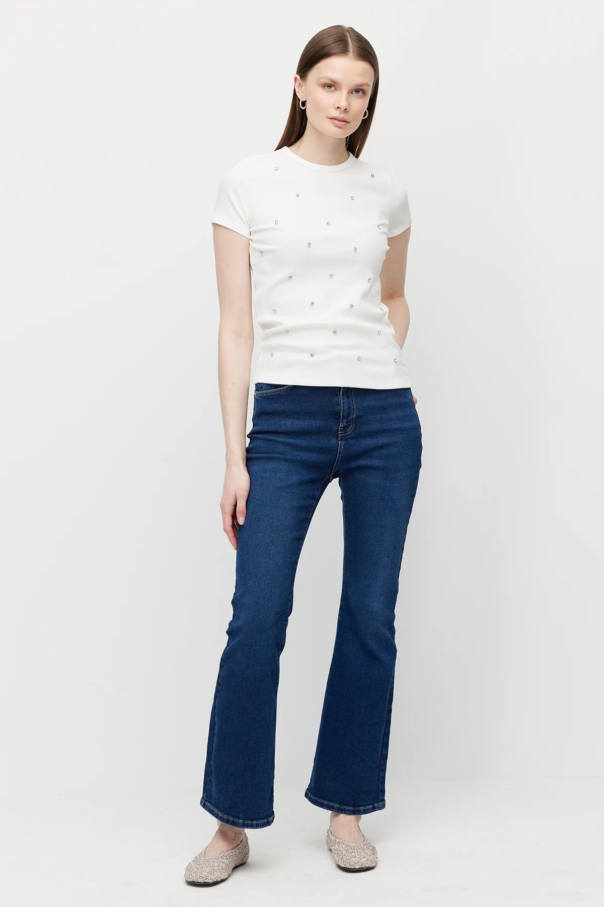 Women's Crew Neck Blouse with Rhinestones