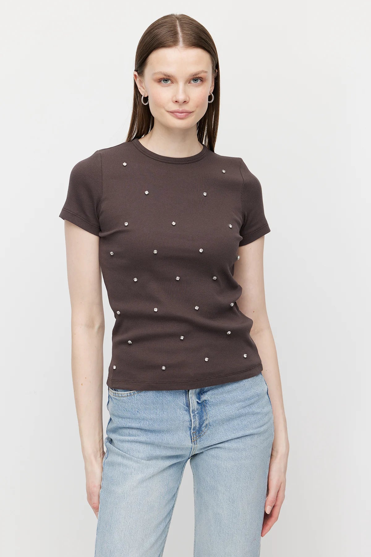 Women's Crew Neck Blouse with Rhinestones