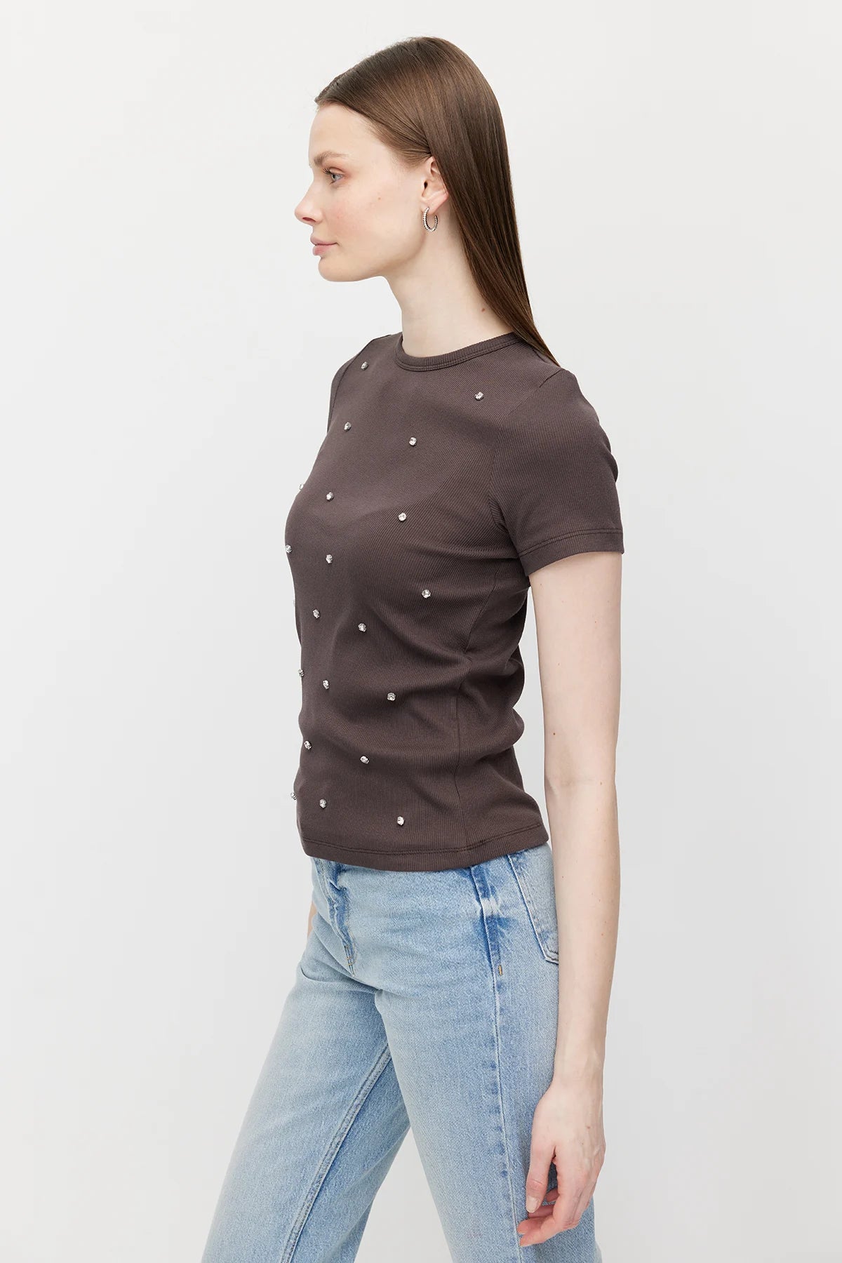 Women's Crew Neck Blouse with Rhinestones