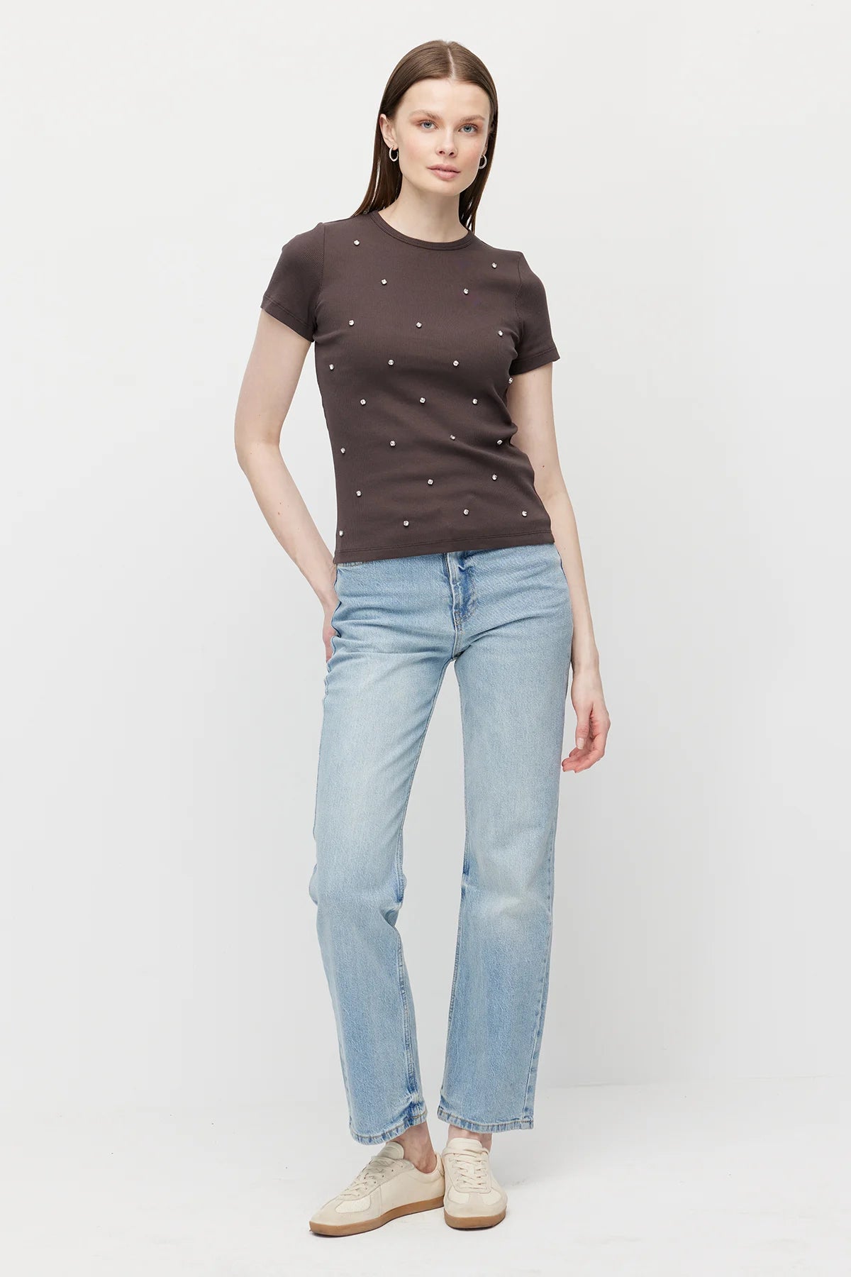 Women's Crew Neck Blouse with Rhinestones
