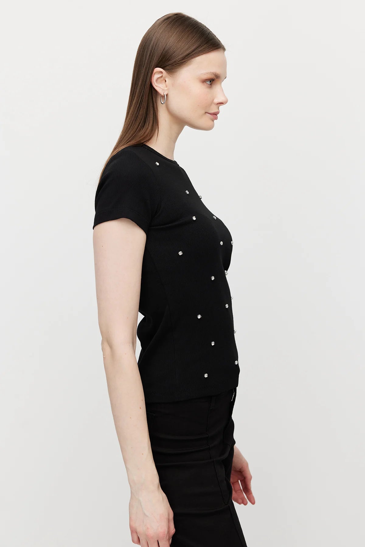 Women's Crew Neck Blouse with Rhinestones