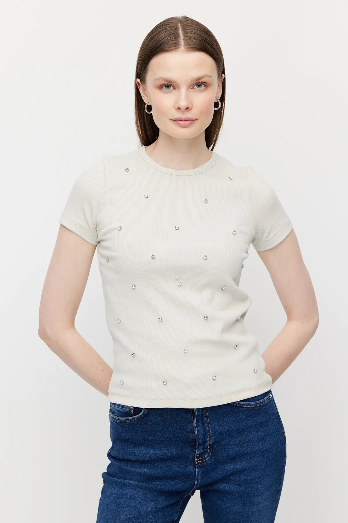 Women's Crew Neck Blouse with Rhinestones