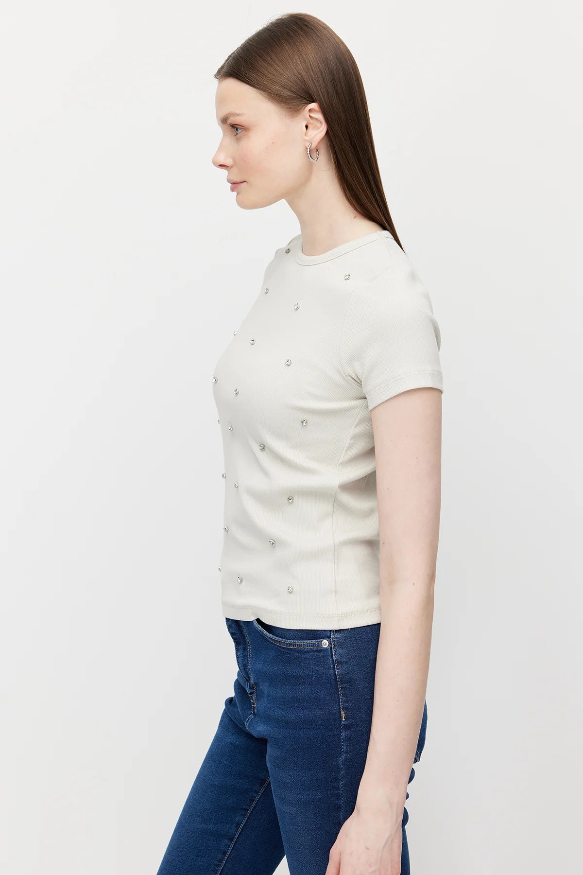 Women's Crew Neck Blouse with Rhinestones