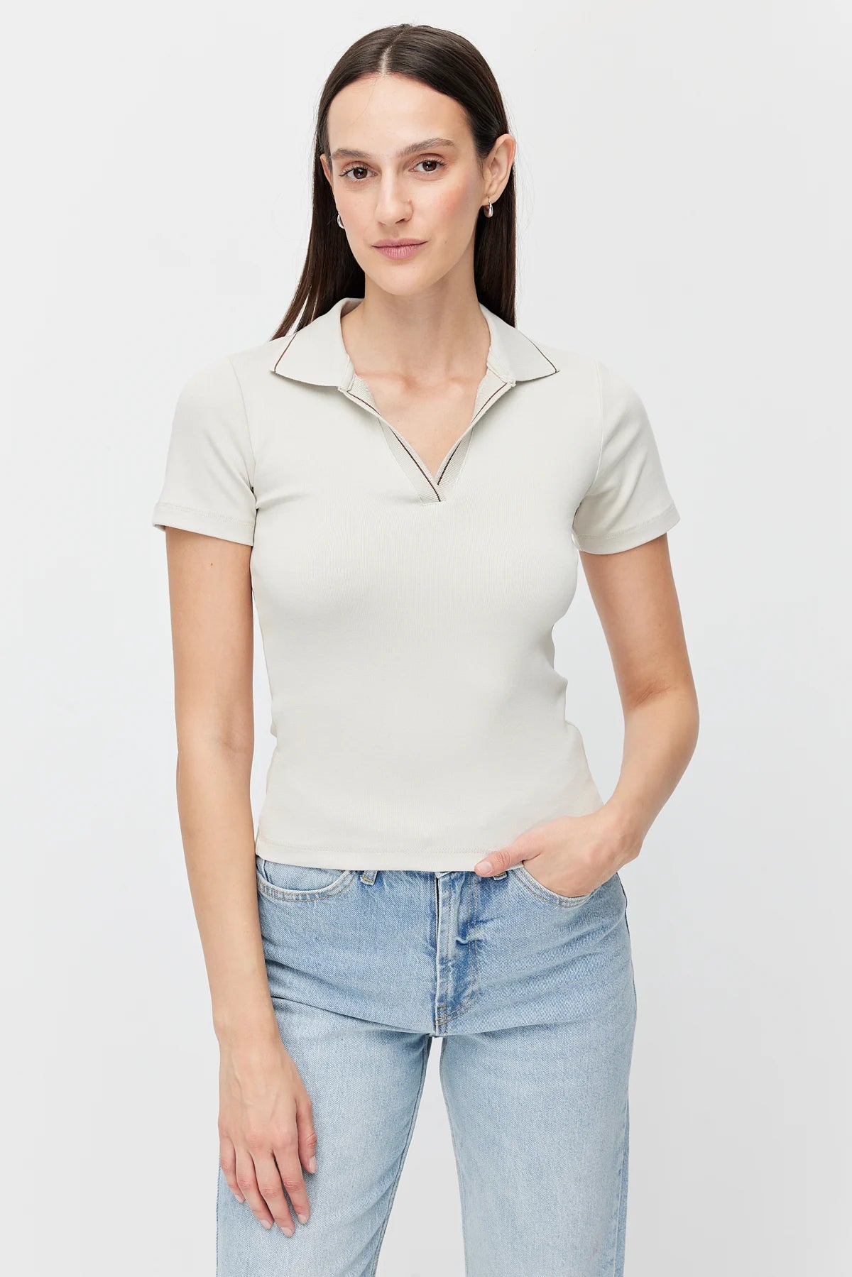 Women's Polo Collar Bodysuit with Contrast Stitching