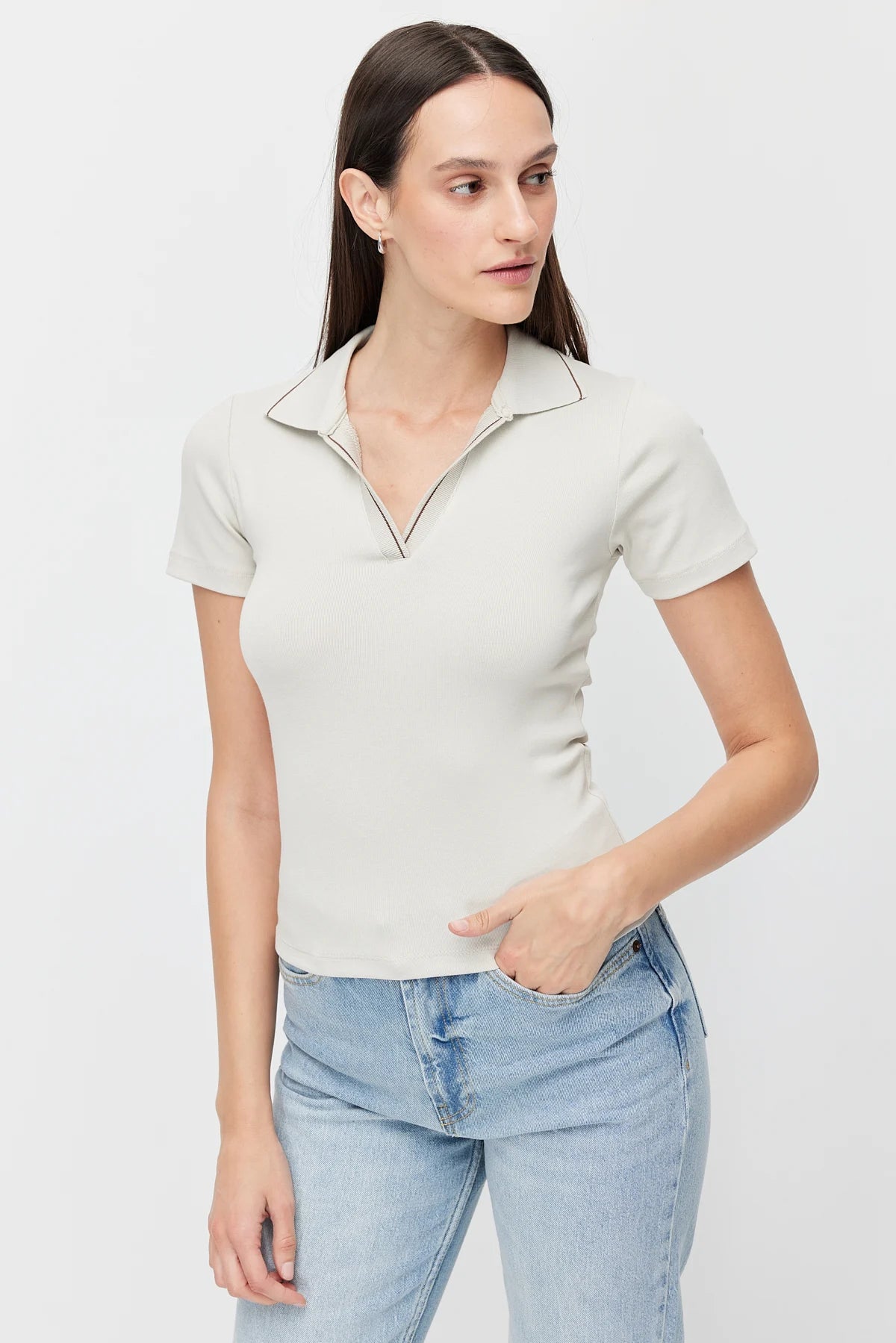 Women's Polo Collar Bodysuit with Contrast Stitching