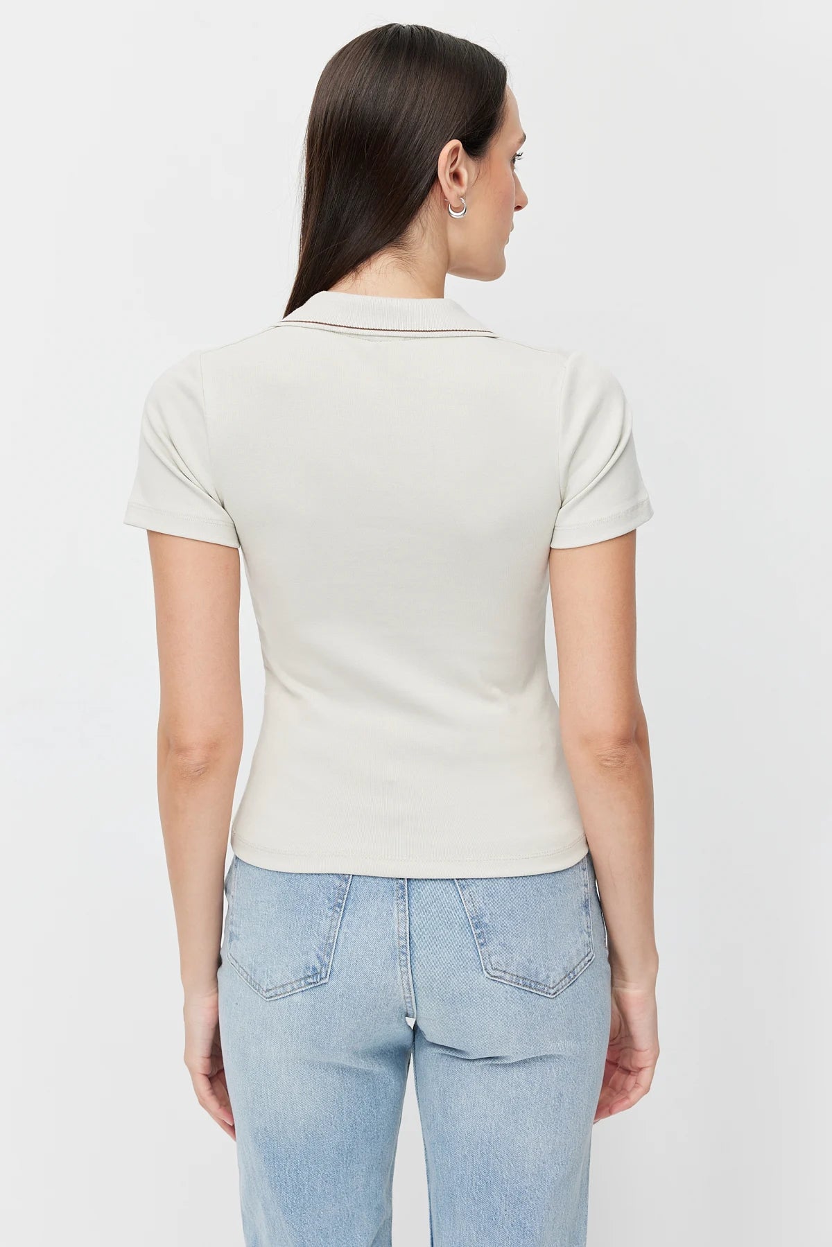 Women's Polo Collar Bodysuit with Contrast Stitching