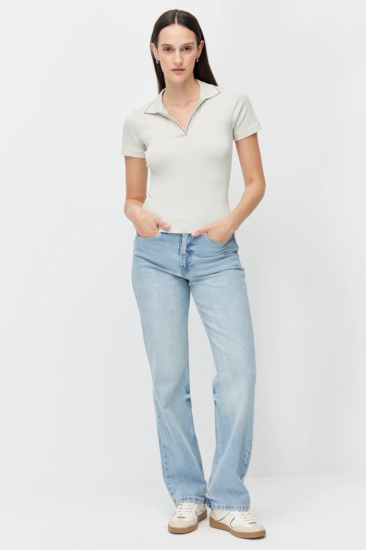 Women's Polo Collar Bodysuit with Contrast Stitching