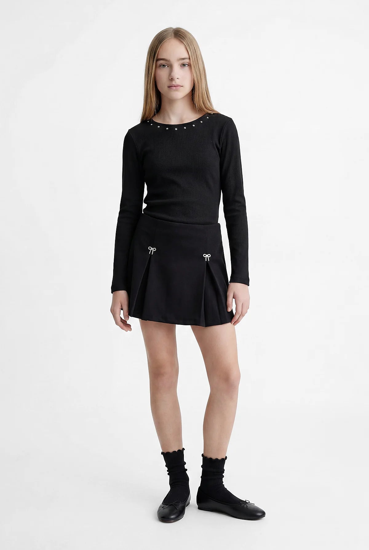 Girl's Blouse with Sparkling Stone Embellishment Around the Neckline