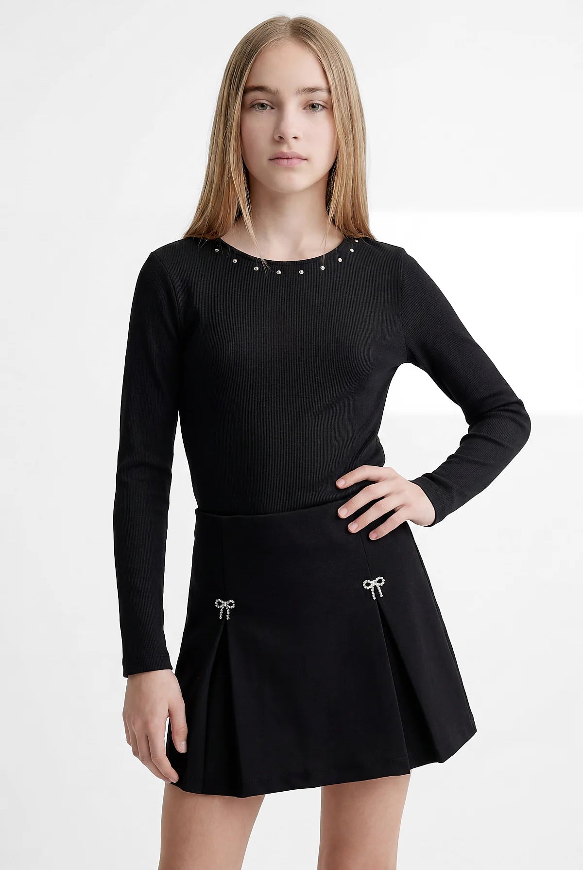 Girl's Blouse with Sparkling Stone Embellishment Around the Neckline