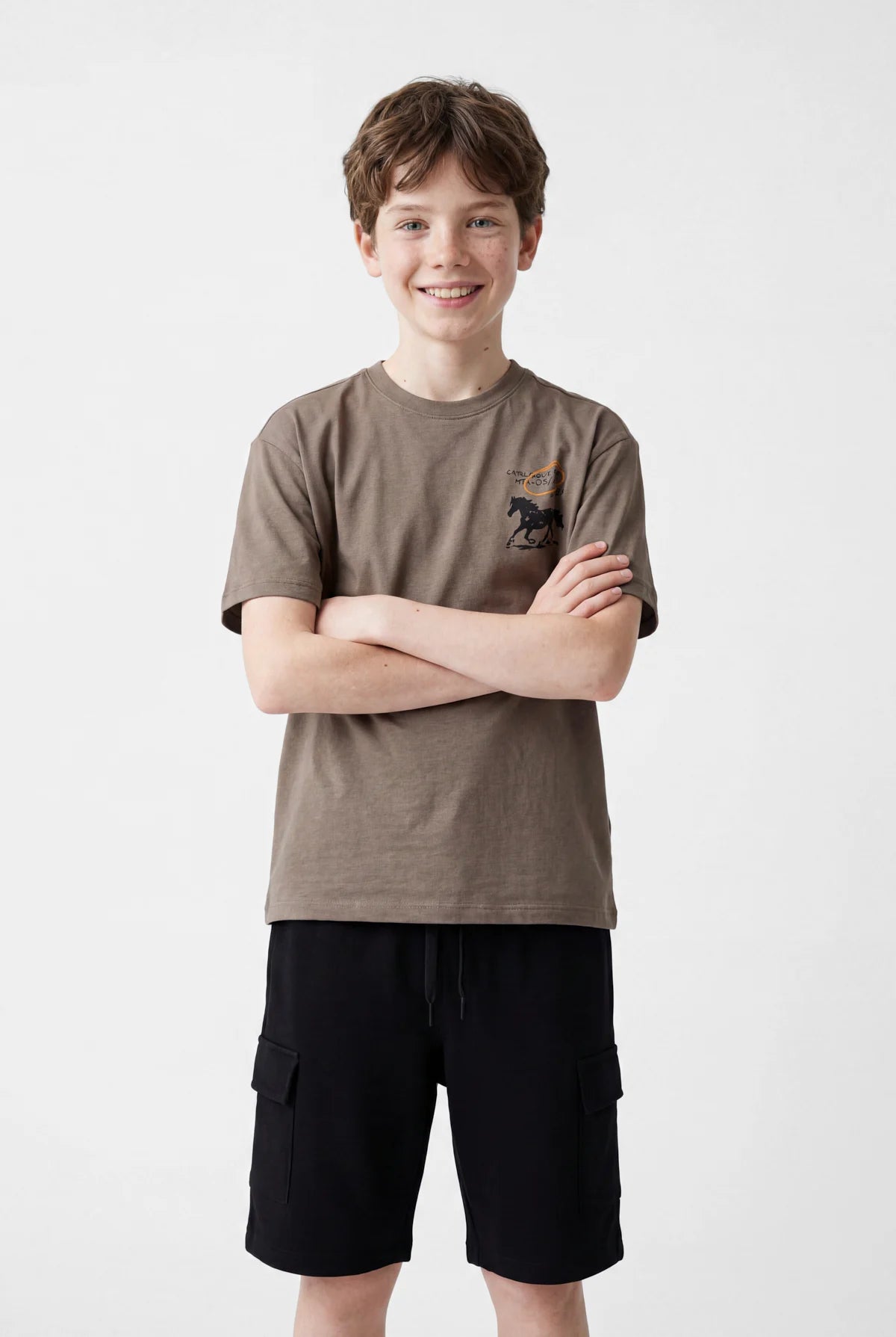 Boys' Oversize T-Shirt with Horse Print on Chest and Crew Neck