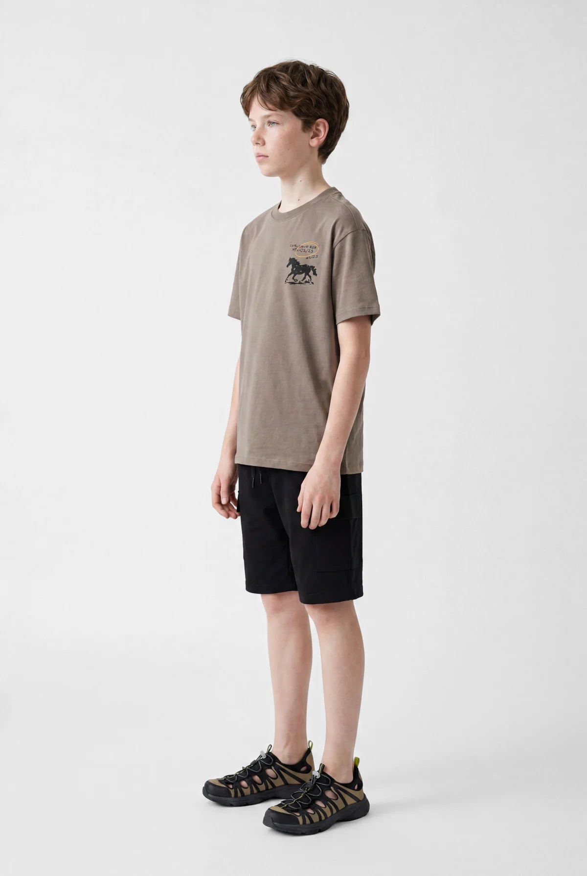 Boys' Oversize T-Shirt with Horse Print on Chest and Crew Neck