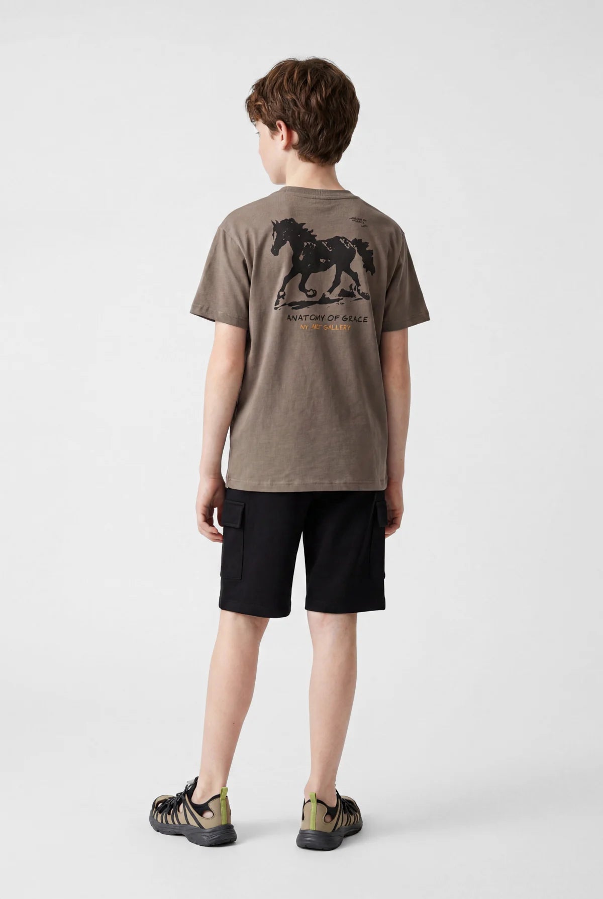 Boys' Oversize T-Shirt with Horse Print on Chest and Crew Neck