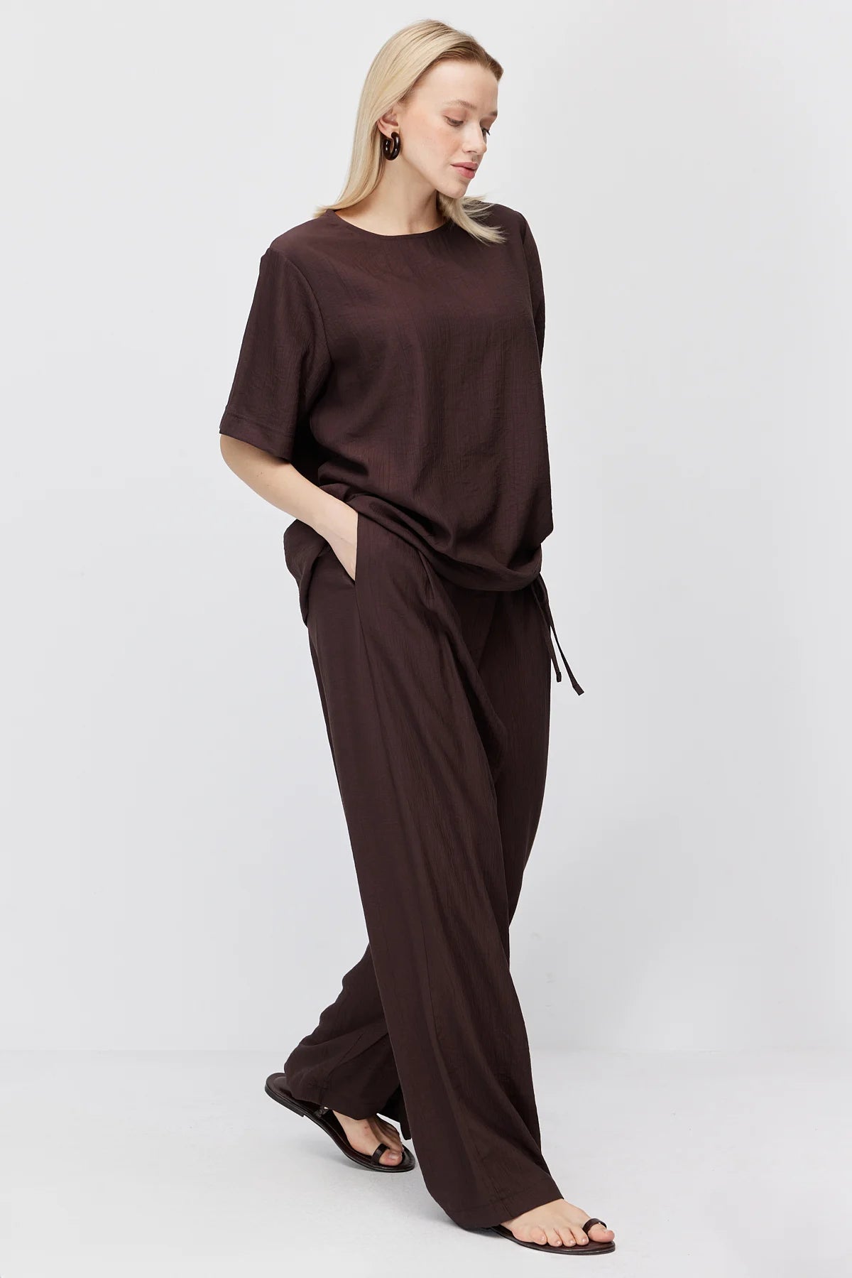 Women's Crinkle Wide Leg Double-Breasted Tie-Up Trousers