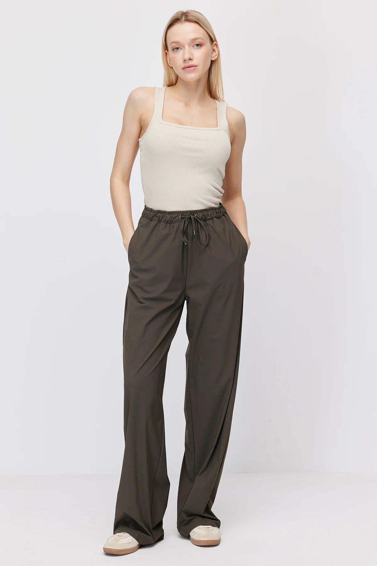 Women's Wide Leg Trousers with Elastic Waist and Drawstring