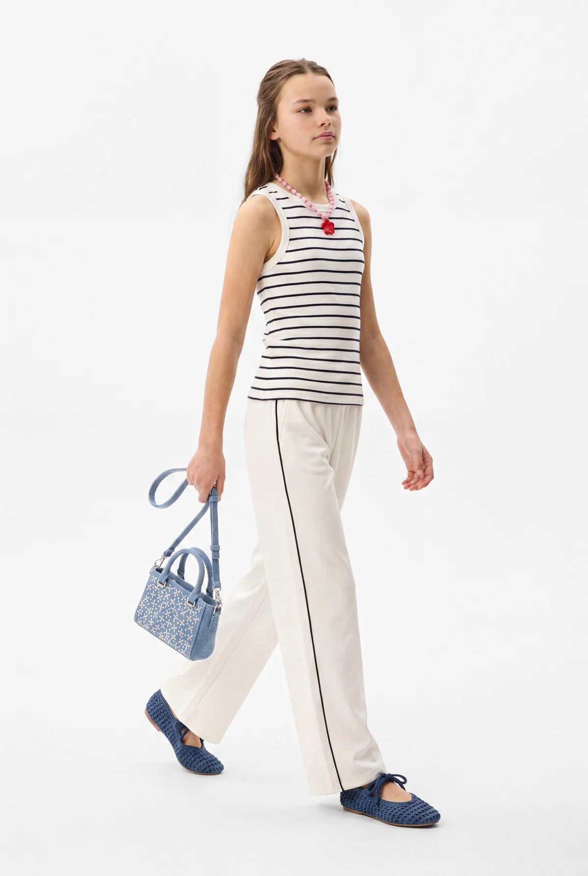Girls' White Striped Wide Leg Trousers