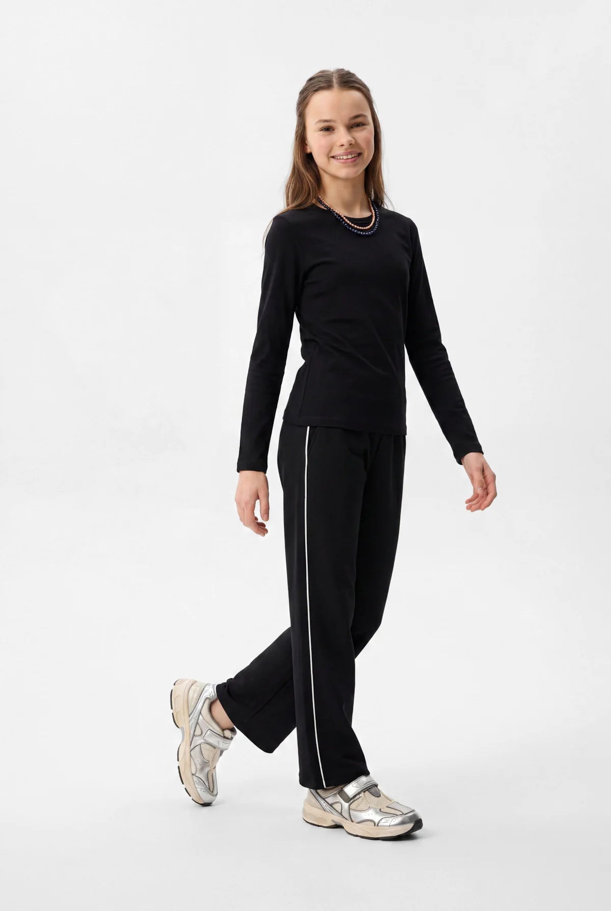 Girls' White Striped Wide Leg Trousers