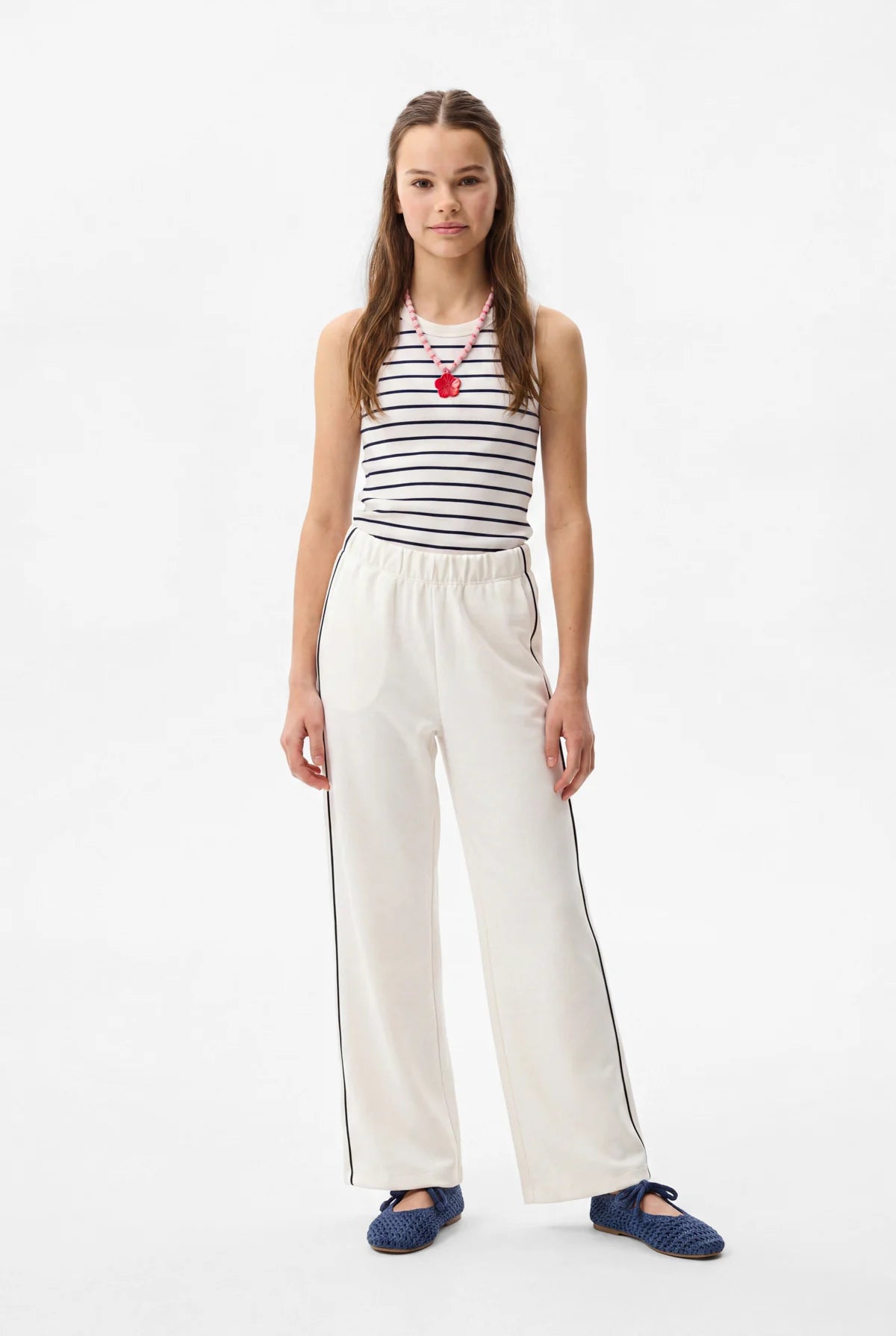 Girls' White Striped Wide Leg Trousers