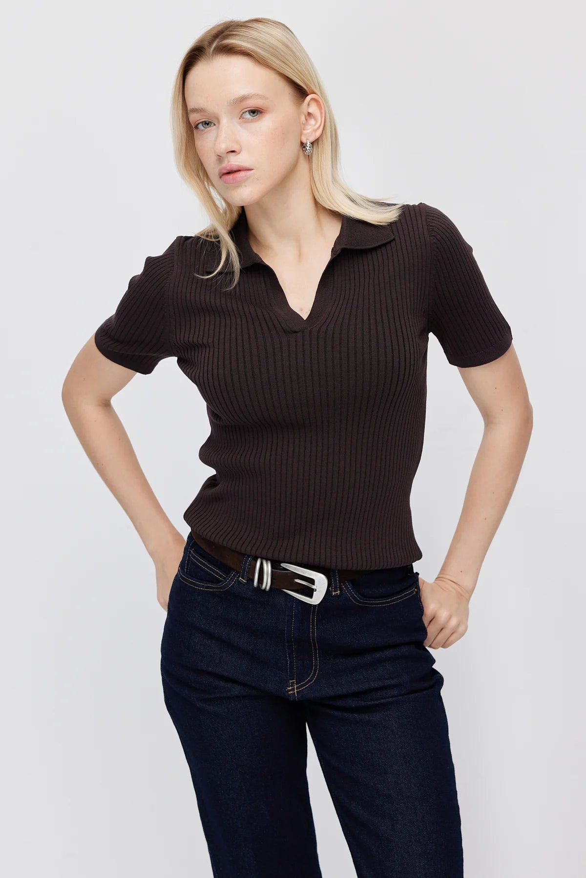 Paulmark Women's Ribbed Polo Collar Knit T-shirt