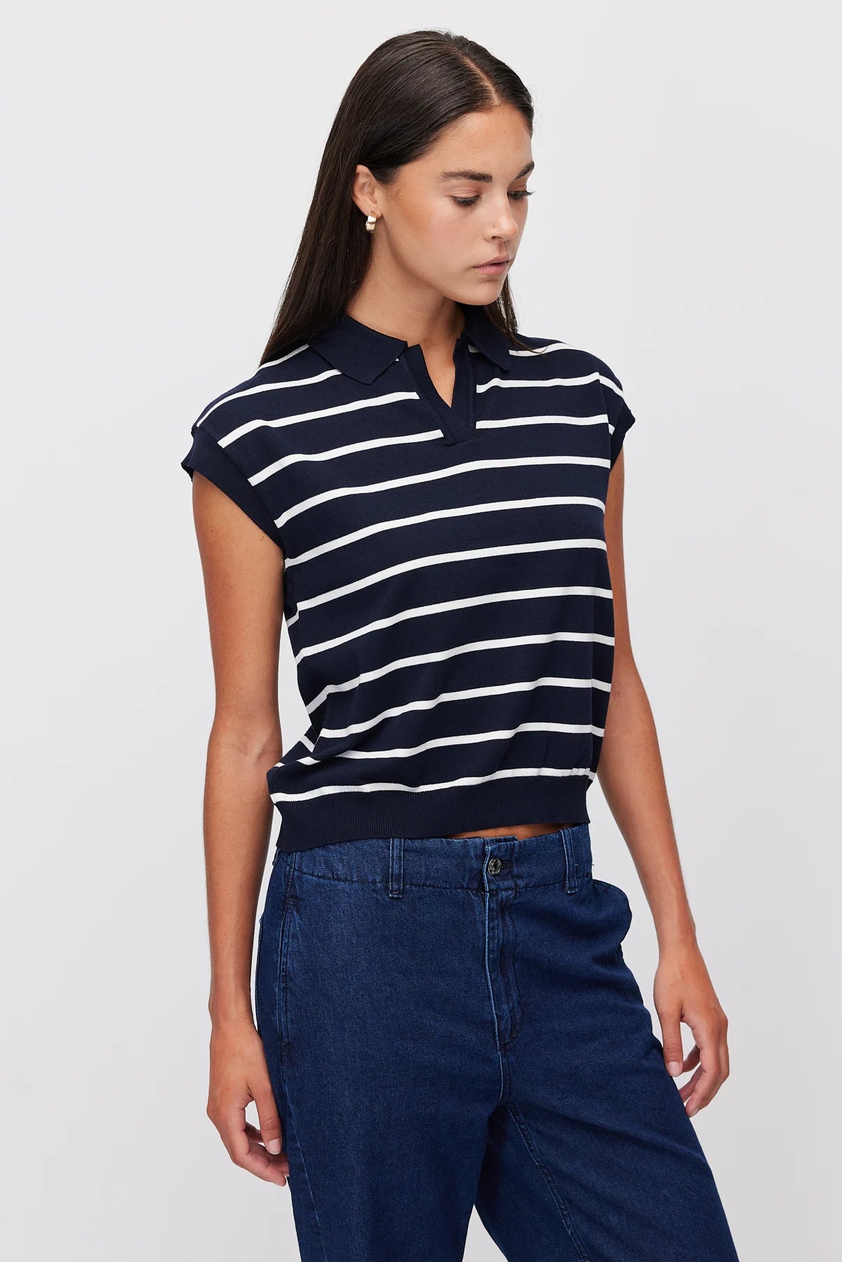 Women's Polo Collar Striped Sleeveless Knit T-Shirt