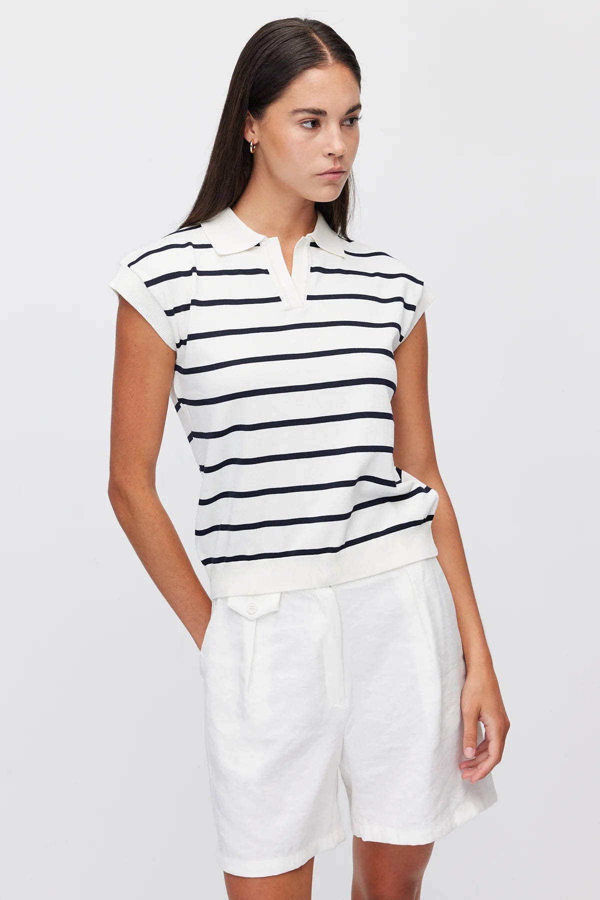 Women's Polo Collar Striped Sleeveless Knit T-Shirt
