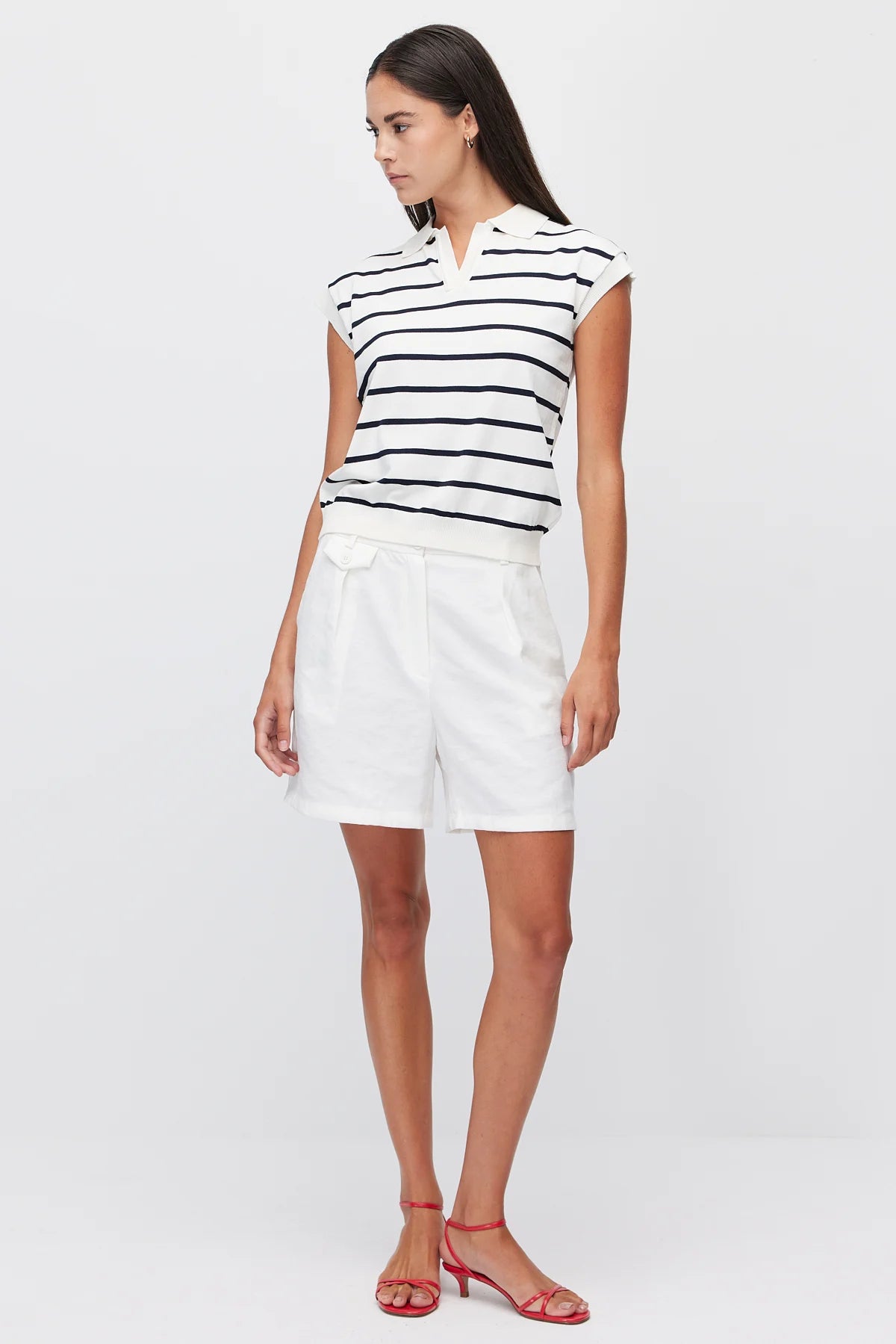 Women's Polo Collar Striped Sleeveless Knit T-Shirt