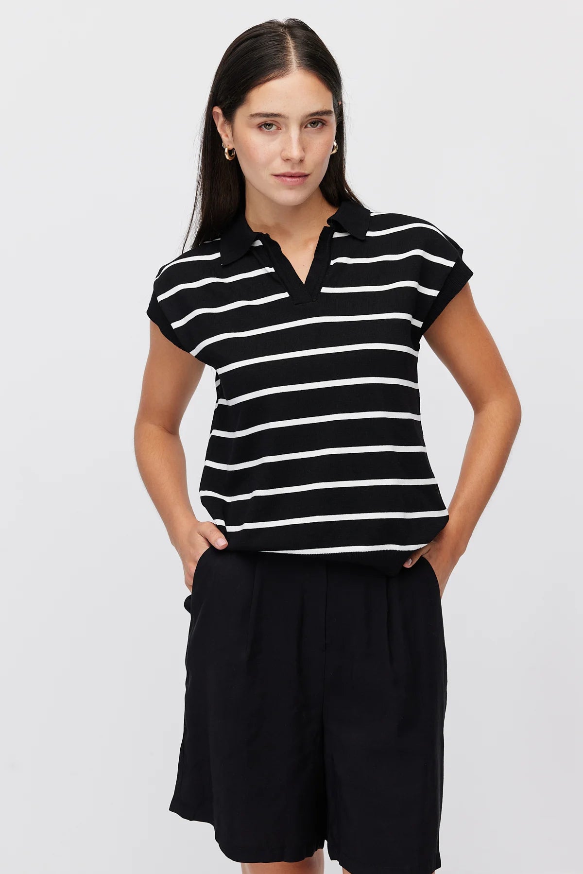 Women's Polo Collar Striped Sleeveless Knit T-Shirt