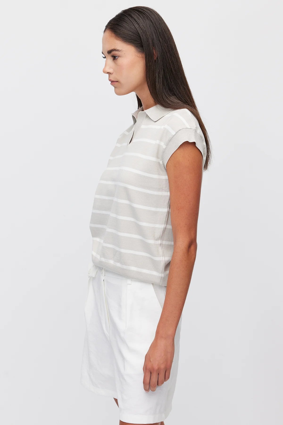Women's Polo Collar Striped Sleeveless Knit T-Shirt