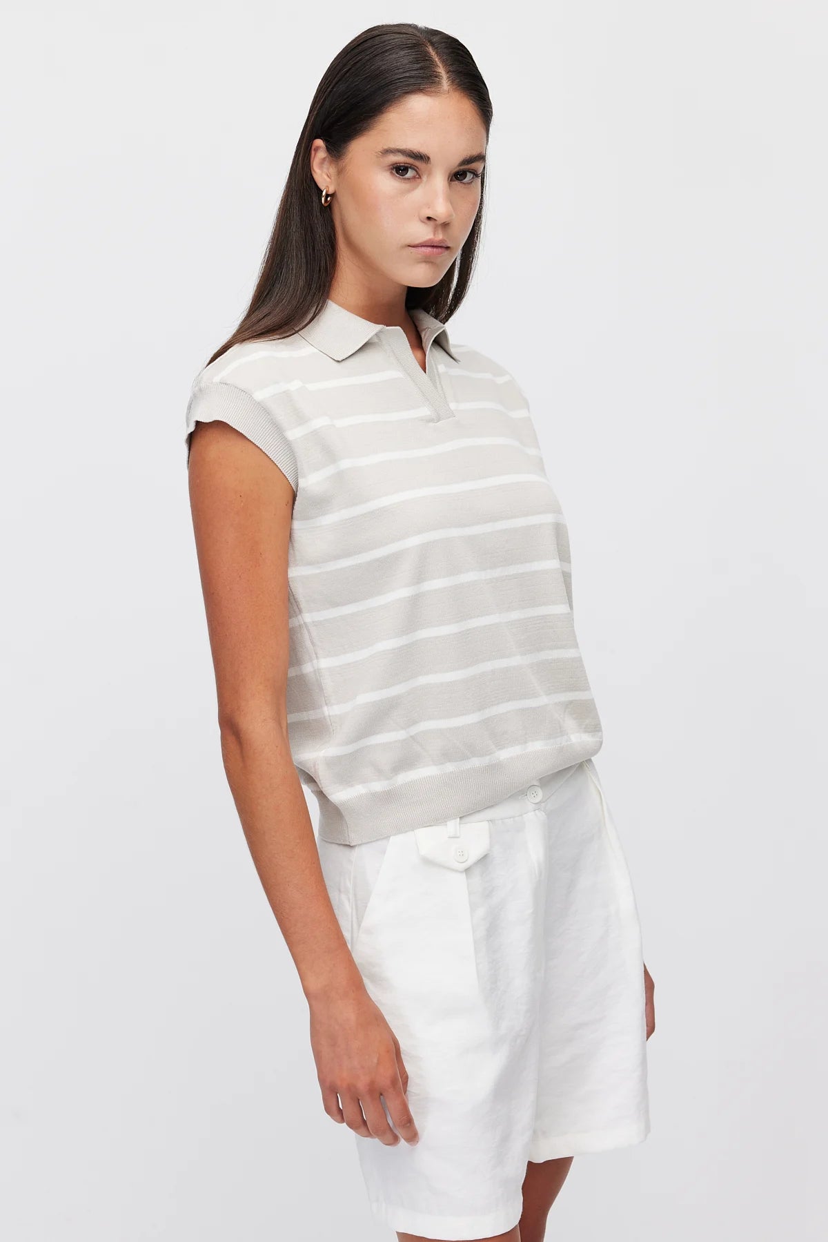 Women's Polo Collar Striped Sleeveless Knit T-Shirt