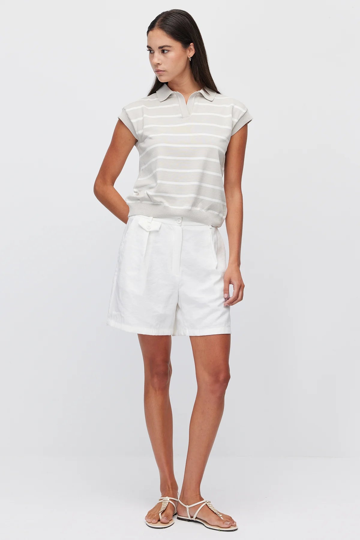 Women's Polo Collar Striped Sleeveless Knit T-Shirt
