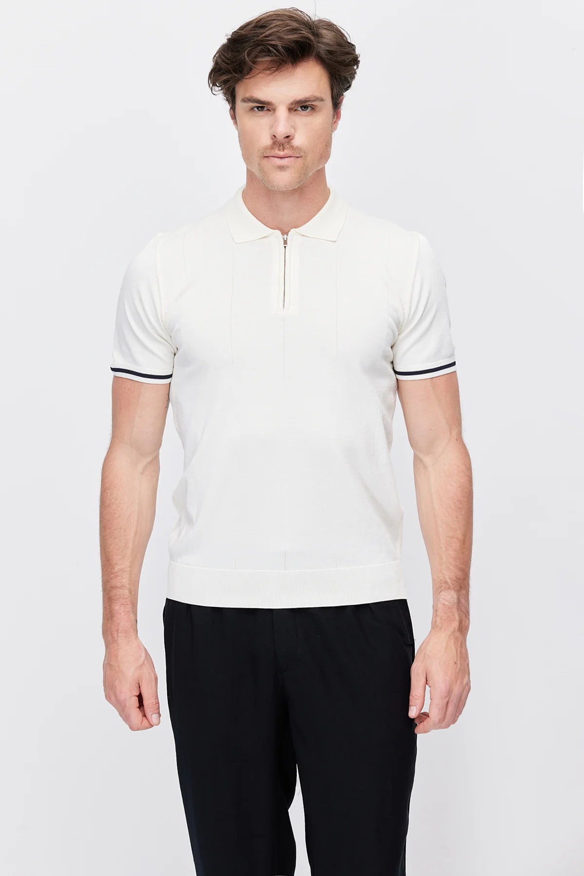 Men's Zip-Up Collar Striped Detail Knit T-Shirt