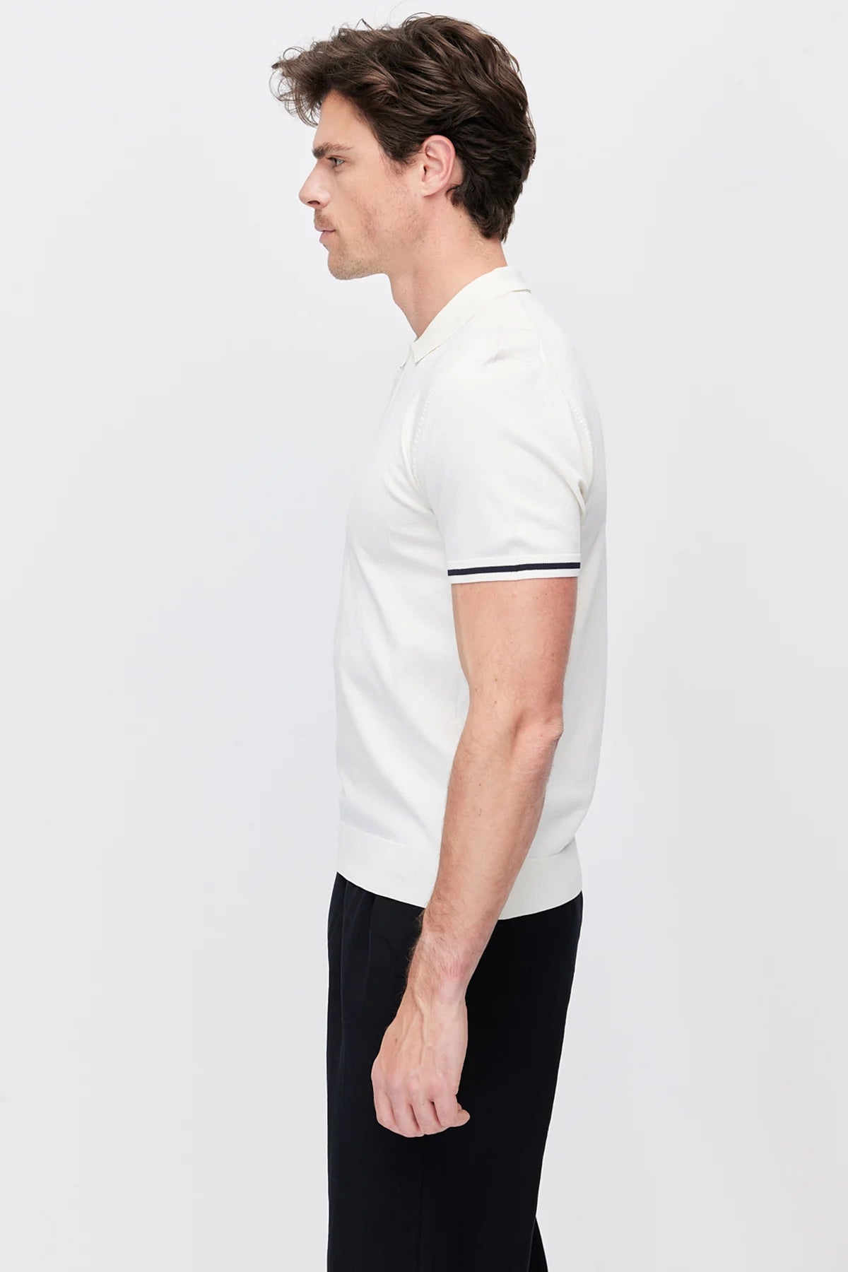 Men's Zip-Up Collar Striped Detail Knit T-Shirt