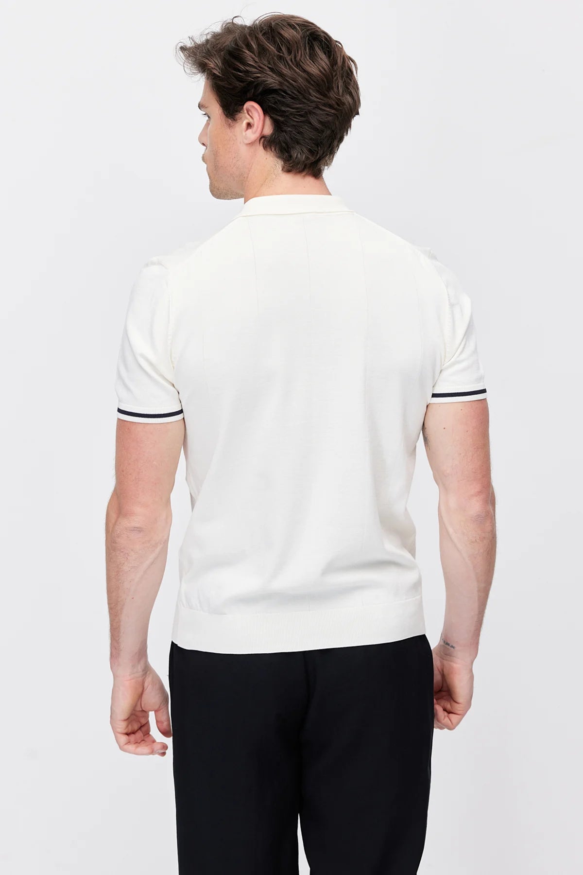 Men's Zip-Up Collar Striped Detail Knit T-Shirt