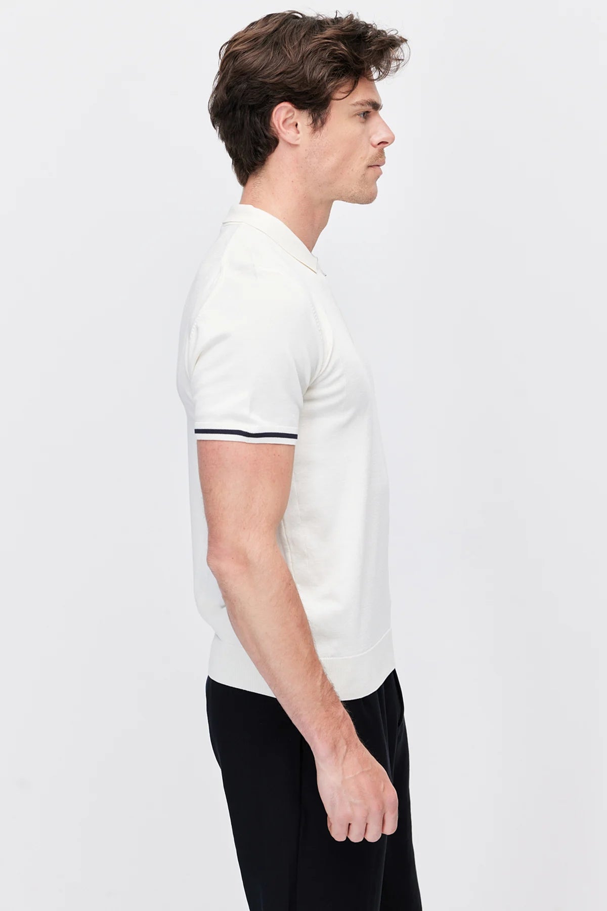 Men's Zip-Up Collar Striped Detail Knit T-Shirt