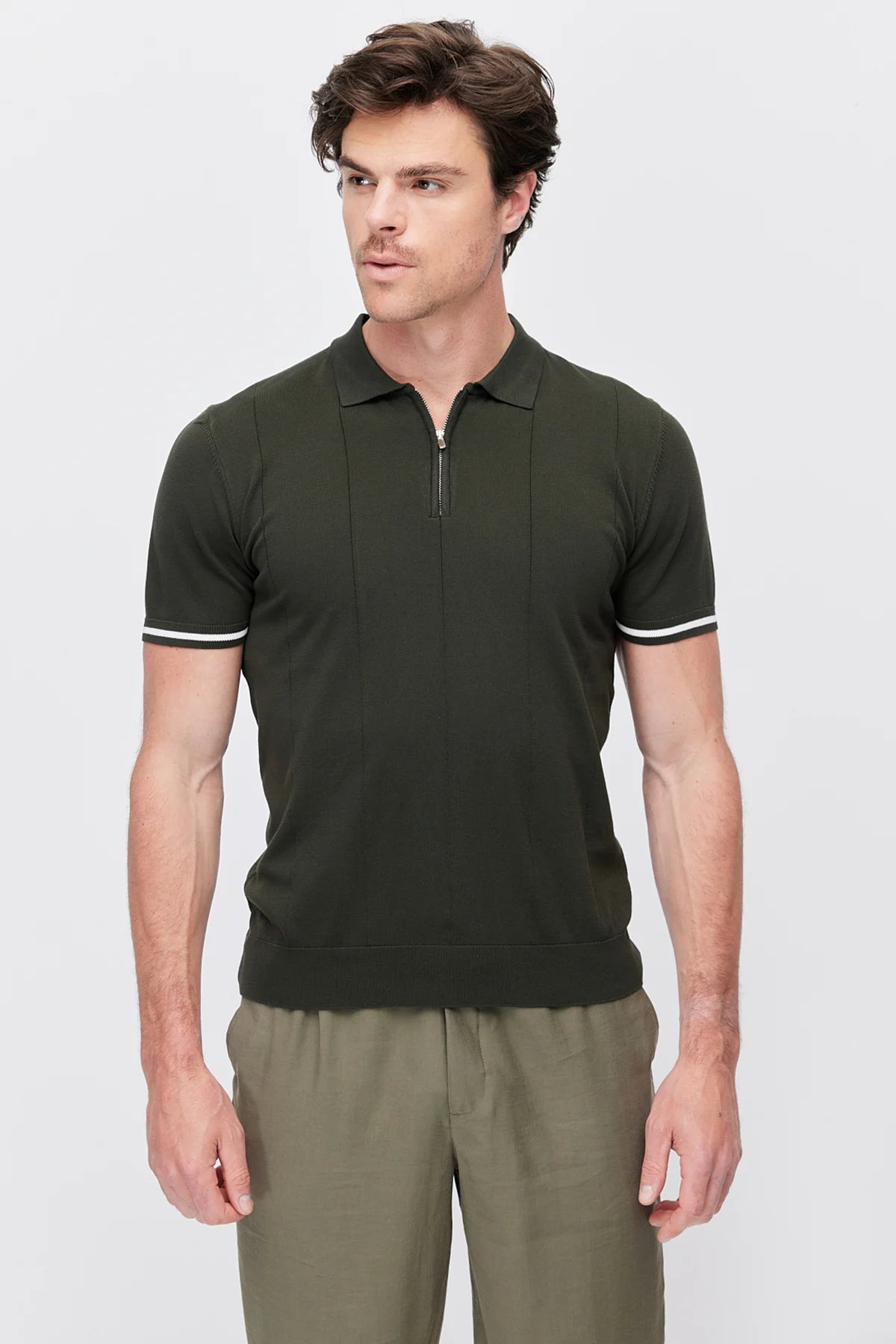 Men's Zip-Up Collar Striped Detail Knit T-Shirt