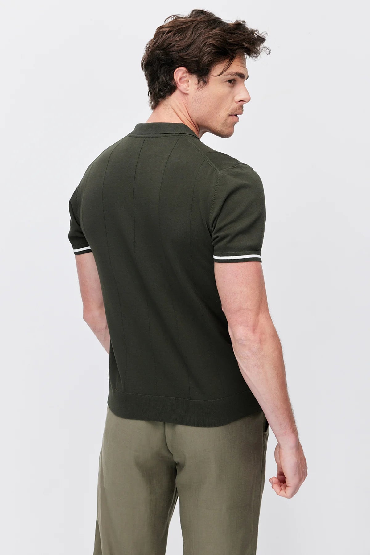 Men's Zip-Up Collar Striped Detail Knit T-Shirt